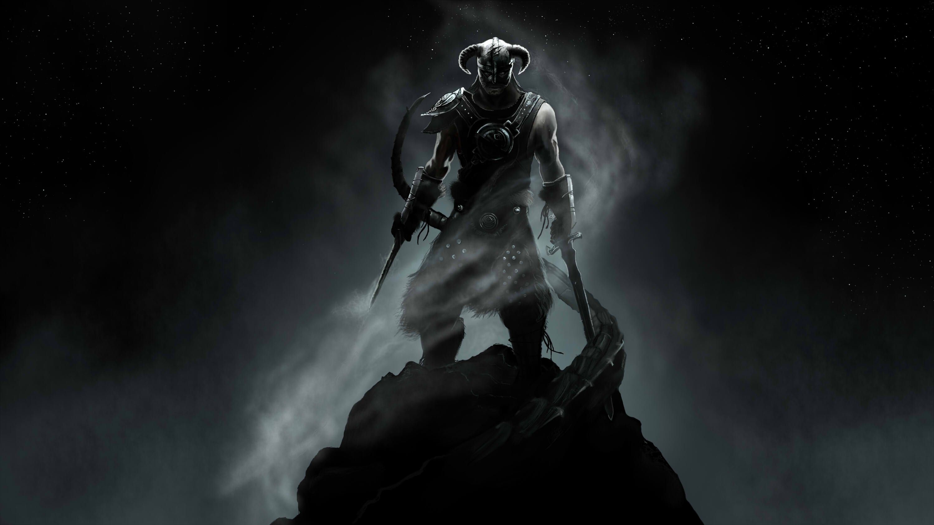 The Elder Scrolls V: Skyrim, Dovahkiin, Silhouette, Nebbia, 2K, sfondo per portatile