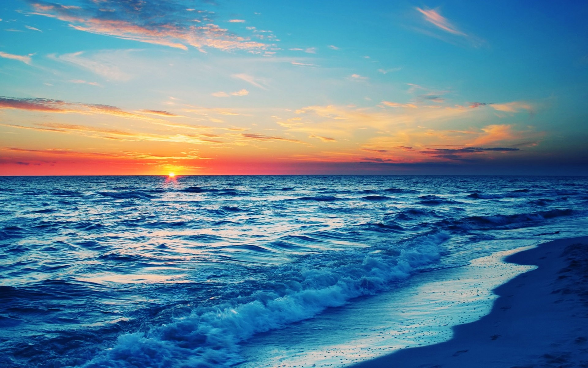 Tramonto, Onde, Mare blu, Full HD, wallpaper per computer