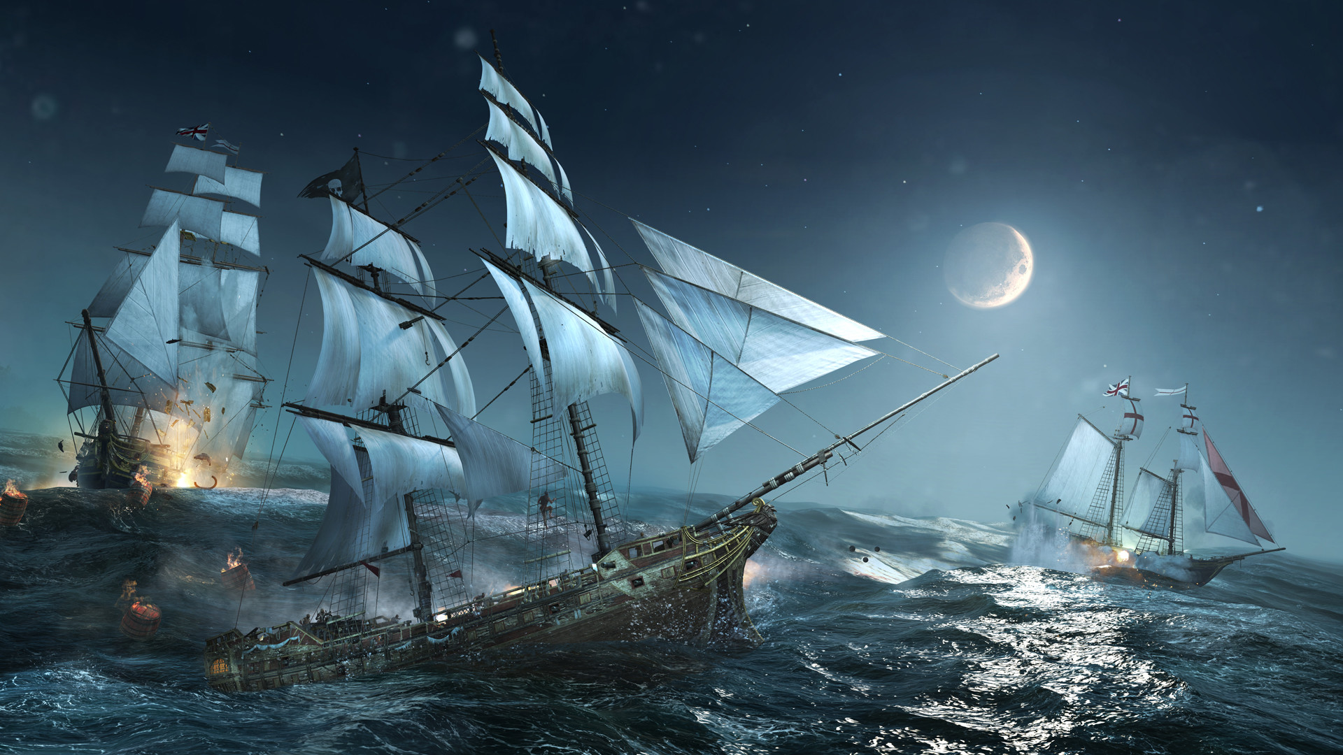 Battaglia navale, Velieri, Notte, Luna, Mare in tempesta, 16:9 Full HD, sfondo widescreen