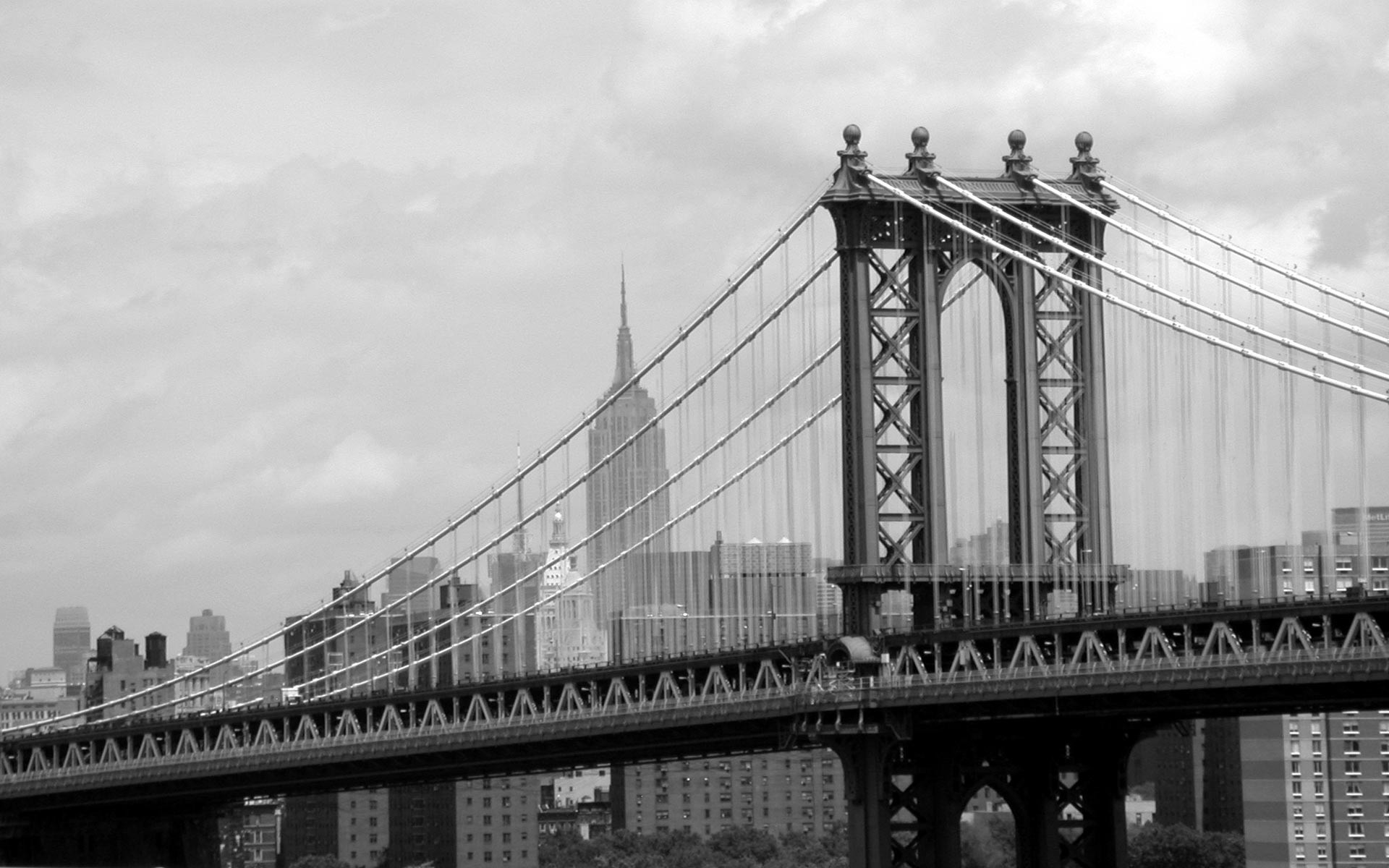Ponte di Manhattan, Empire State Building, New York, Bianco e nero, wallpaper 1920x1200