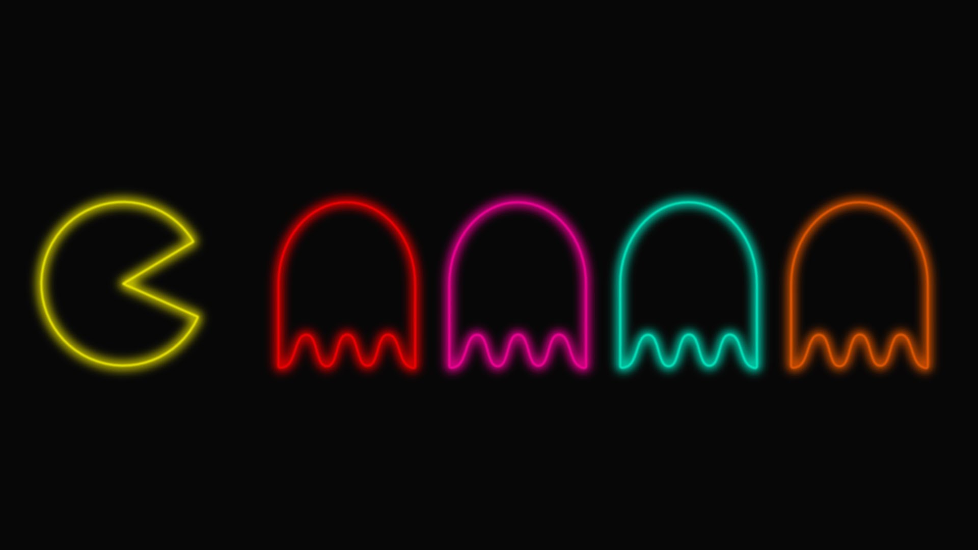 Pac-Man, Fantasmi, Neon, Sfondo nero, Contorni luminosi, 16:9 Full HD, wallpaper widescreen