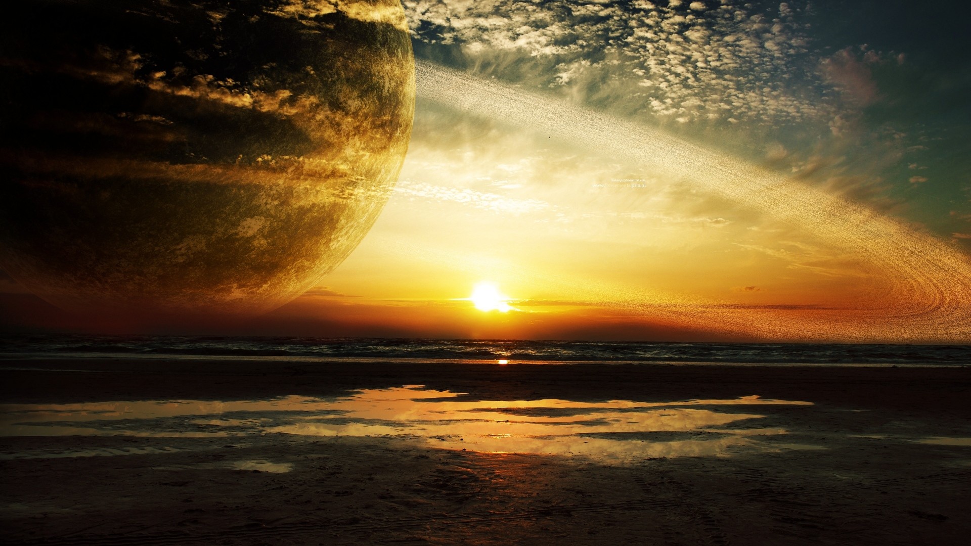 Pianeta con anelli, Tramonto, Paesaggio fantascientifico, Full HD, wallpaper per PC