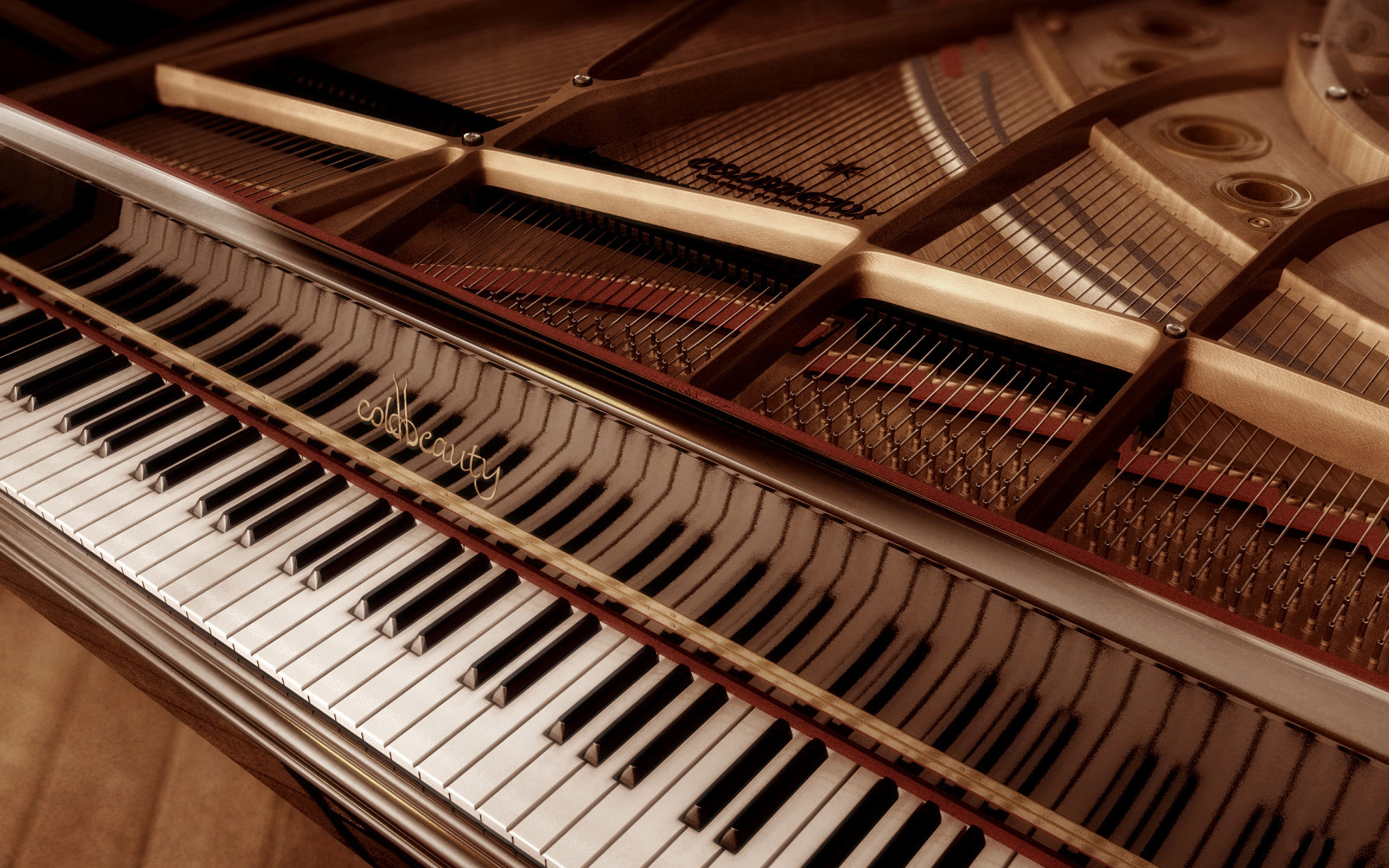 Pianoforte a coda, Corde, Tasti, Legno, 2K, wallpaper per portatile