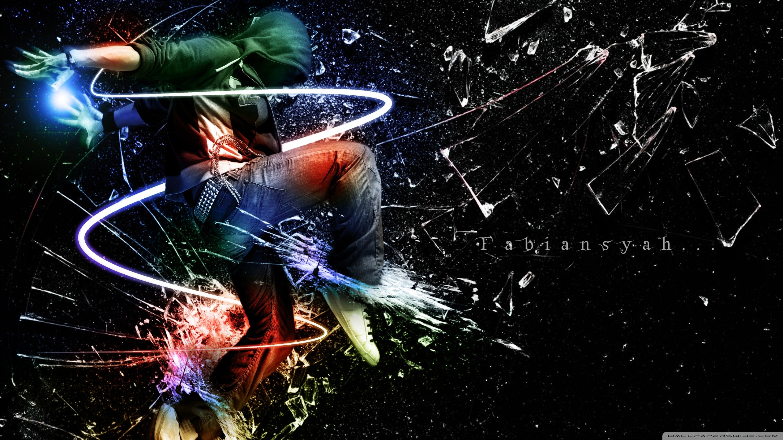 Ballerino, Scie luminose, Vetri rotti, Sfondo nero, 2560x1440, wallpaper desktop