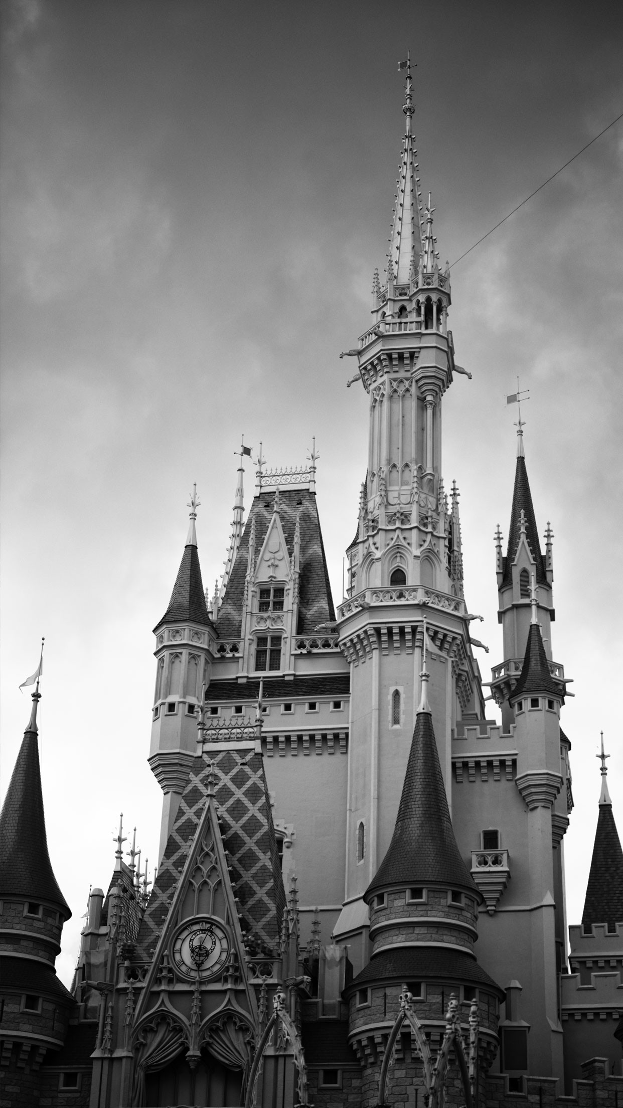 Castello di Cenerentola, Magic Kingdom, Disney, Bianco e nero, sfondo iPhone Full HD