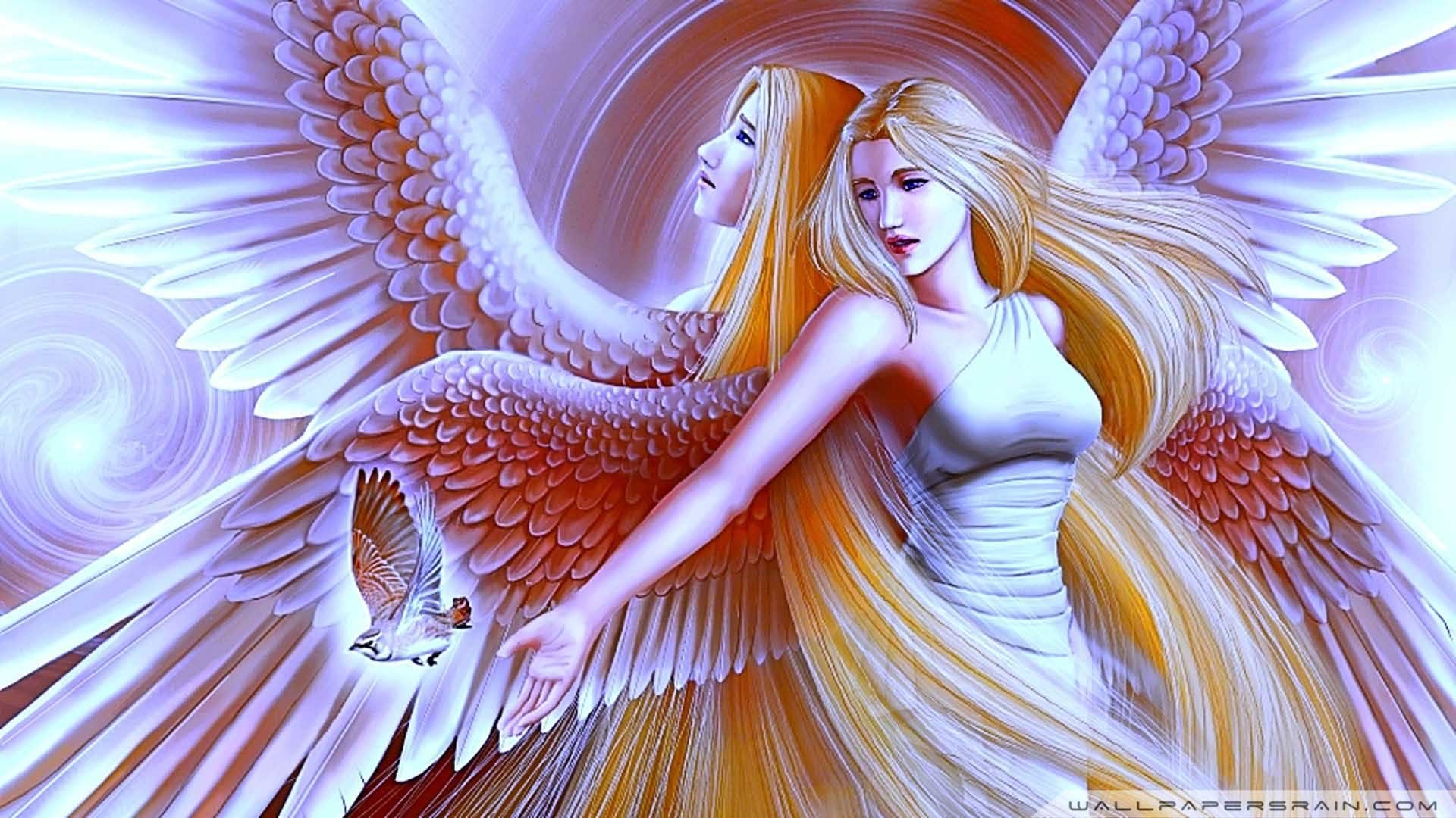 Angeli, Ali piumate, Capelli biondi, Pittura digitale, Full HD 1080p, sfondo desktop