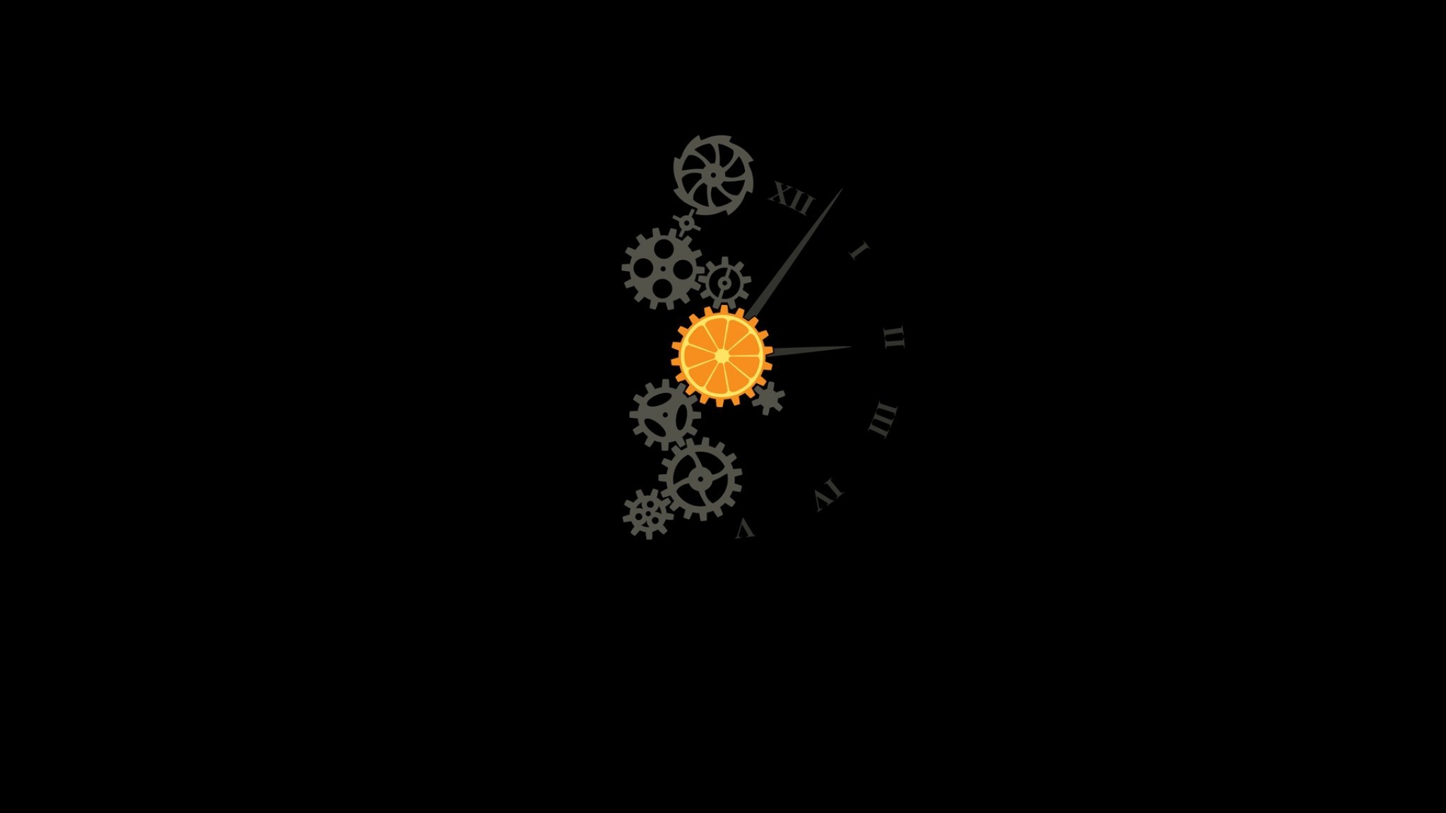 Ingranaggi, Orologio, Sfondo nero, Minimalista, 16:9 Full HD, wallpaper widescreen