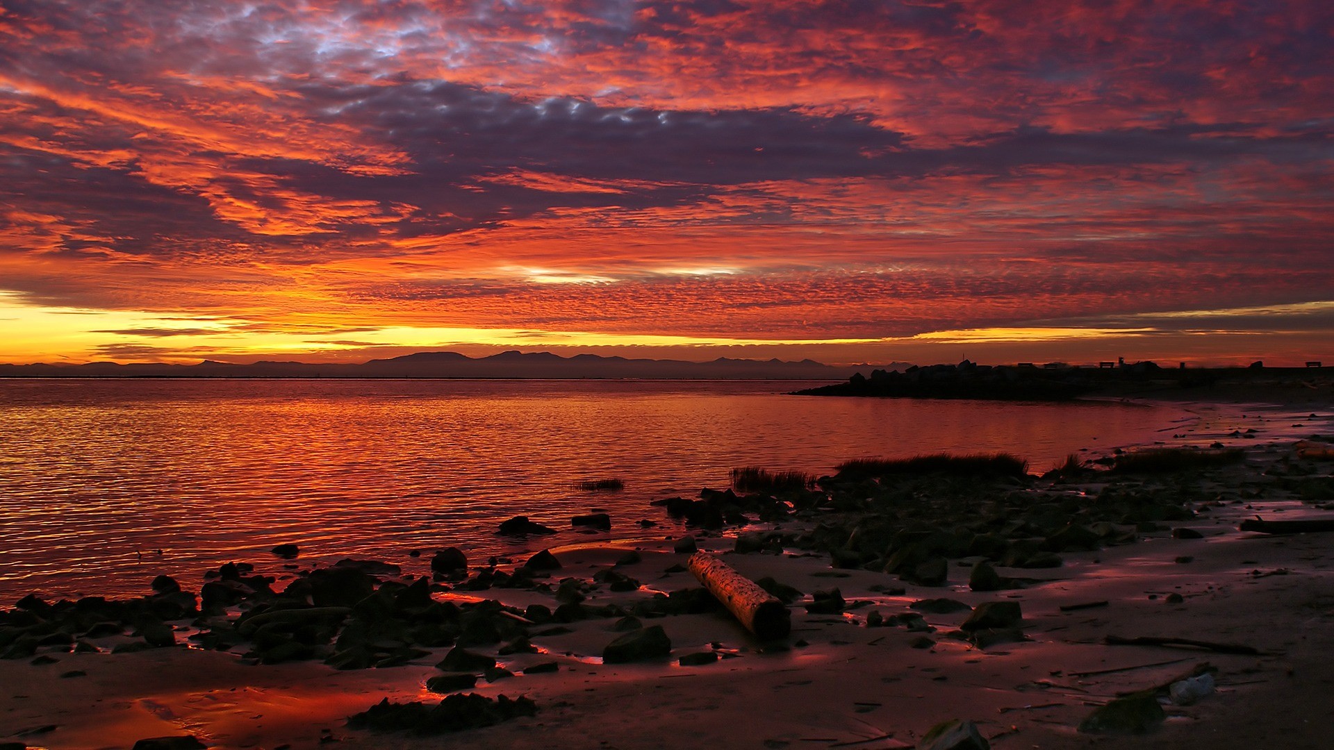 Tramonto, Costa, Rocce, Nuvole, Rosso, 16:9 Full HD, sfondo widescreen