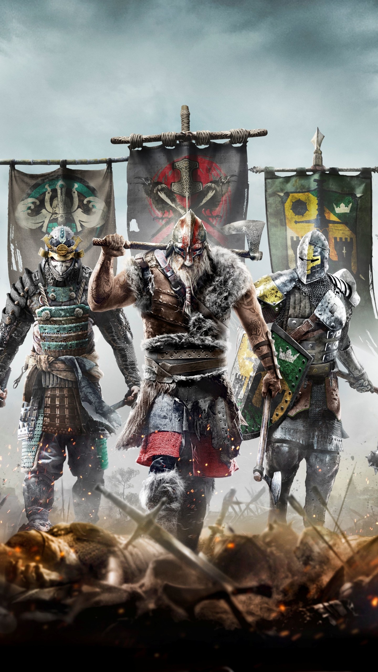 For Honor, Cavalieri, Vichinghi, Samurai, Stendardi, QHD+, sfondo per iPhone e Android