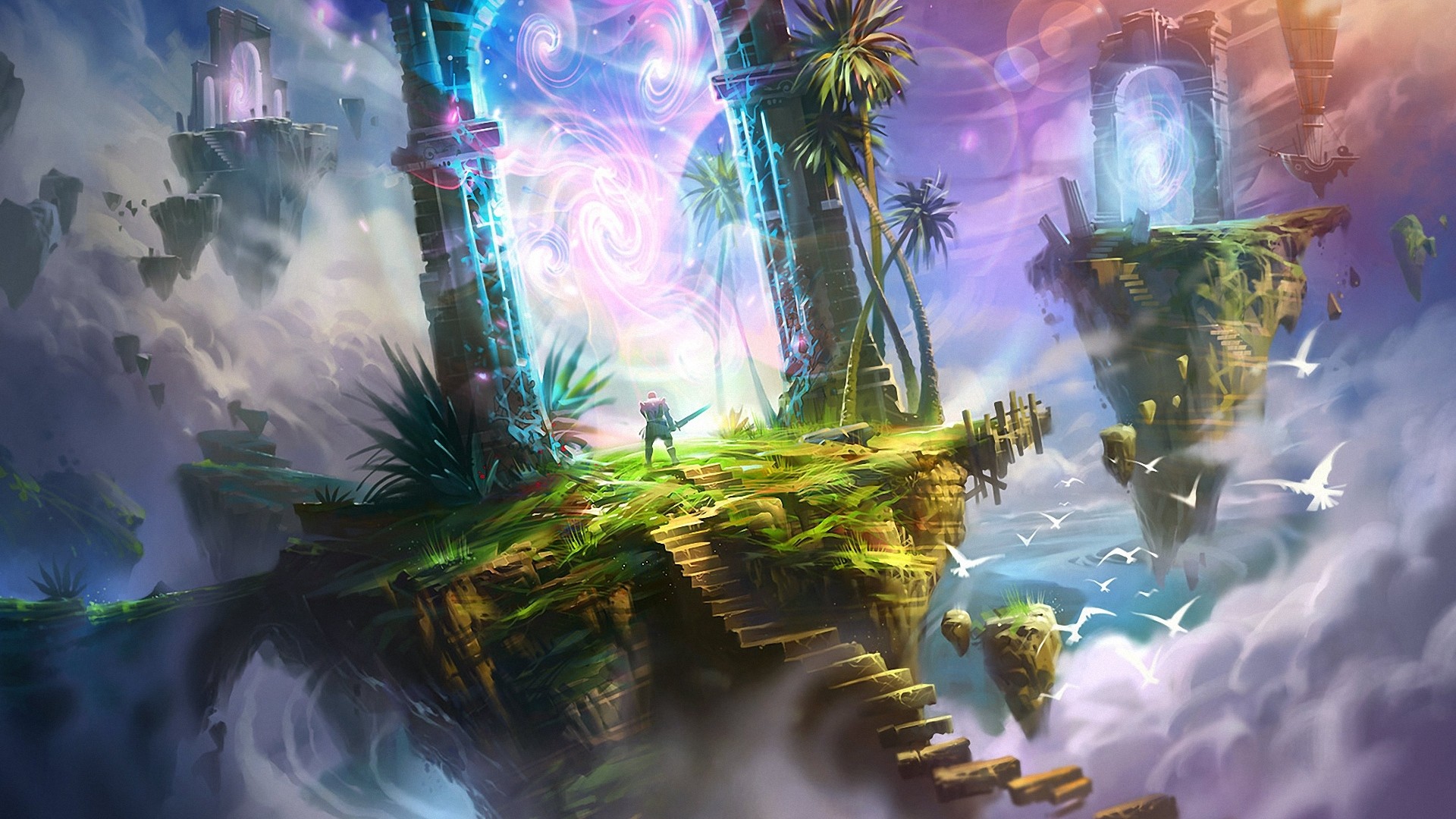 Isole fluttuanti, Portali, Palme, Fantasy, Colori vivaci, Uccelli, sfondo Full HD per computer