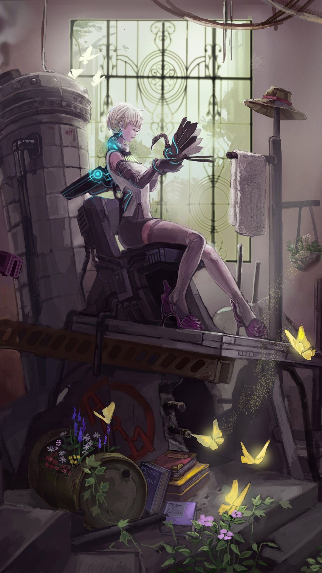 Ragazza anime, Stanza, Cyberpunk, Illustrazione, 1080x1920, schermata di blocco iPhone