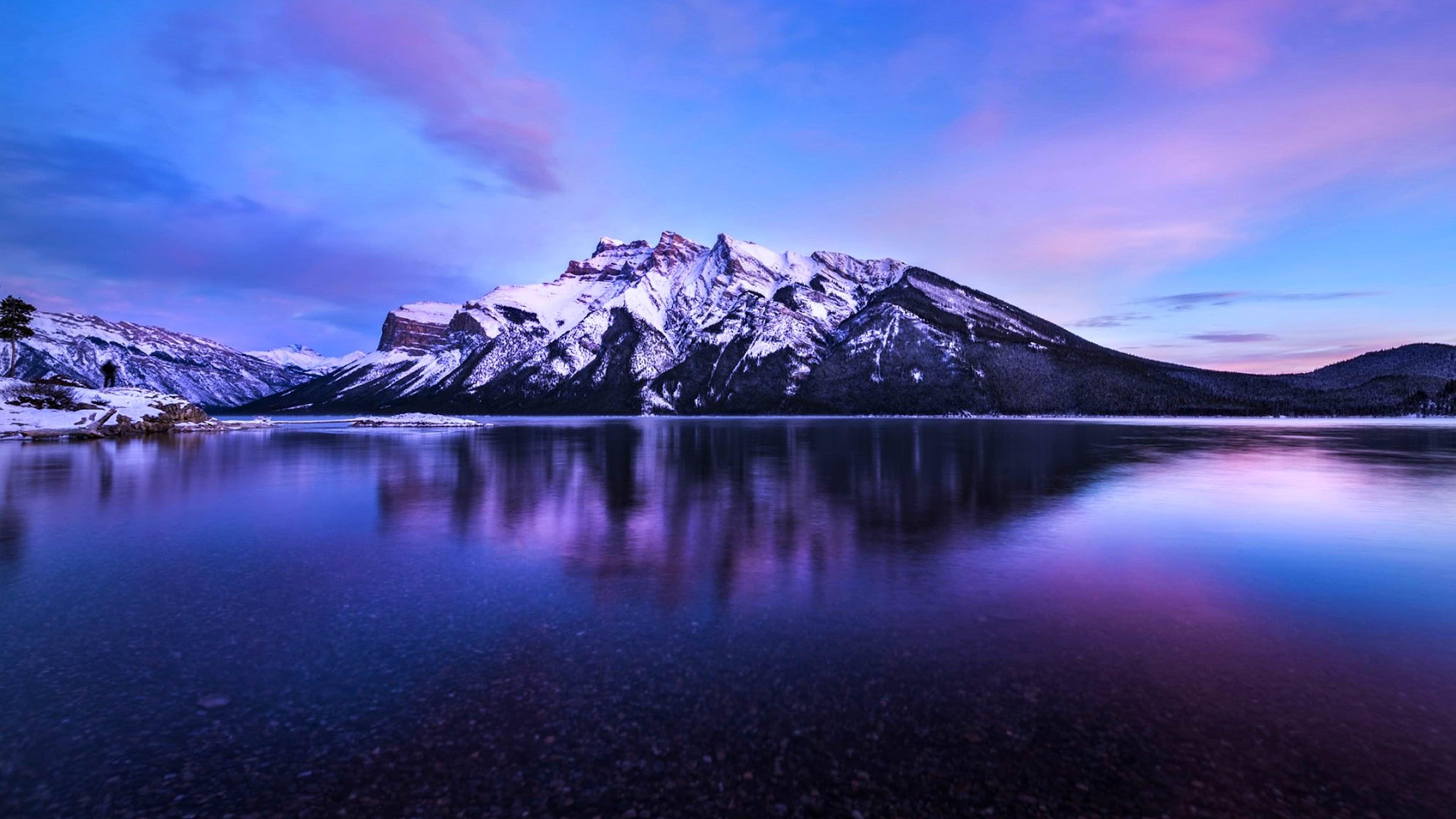 Lago Minnewanka, Banff, Montagne Rocciose, Crepuscolo, Riflesso, sfondo 4K per portatile