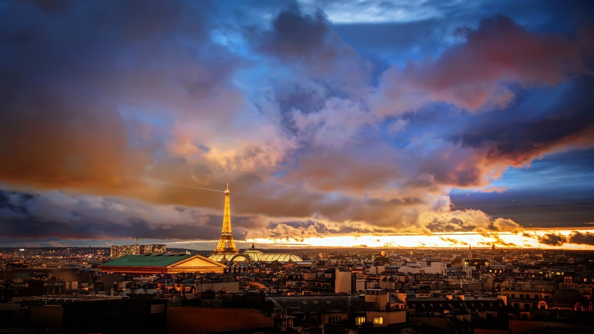 Torre Eiffel, Parigi, Francia, Nuvole, Panorama, 16:9 Full HD, wallpaper widescreen