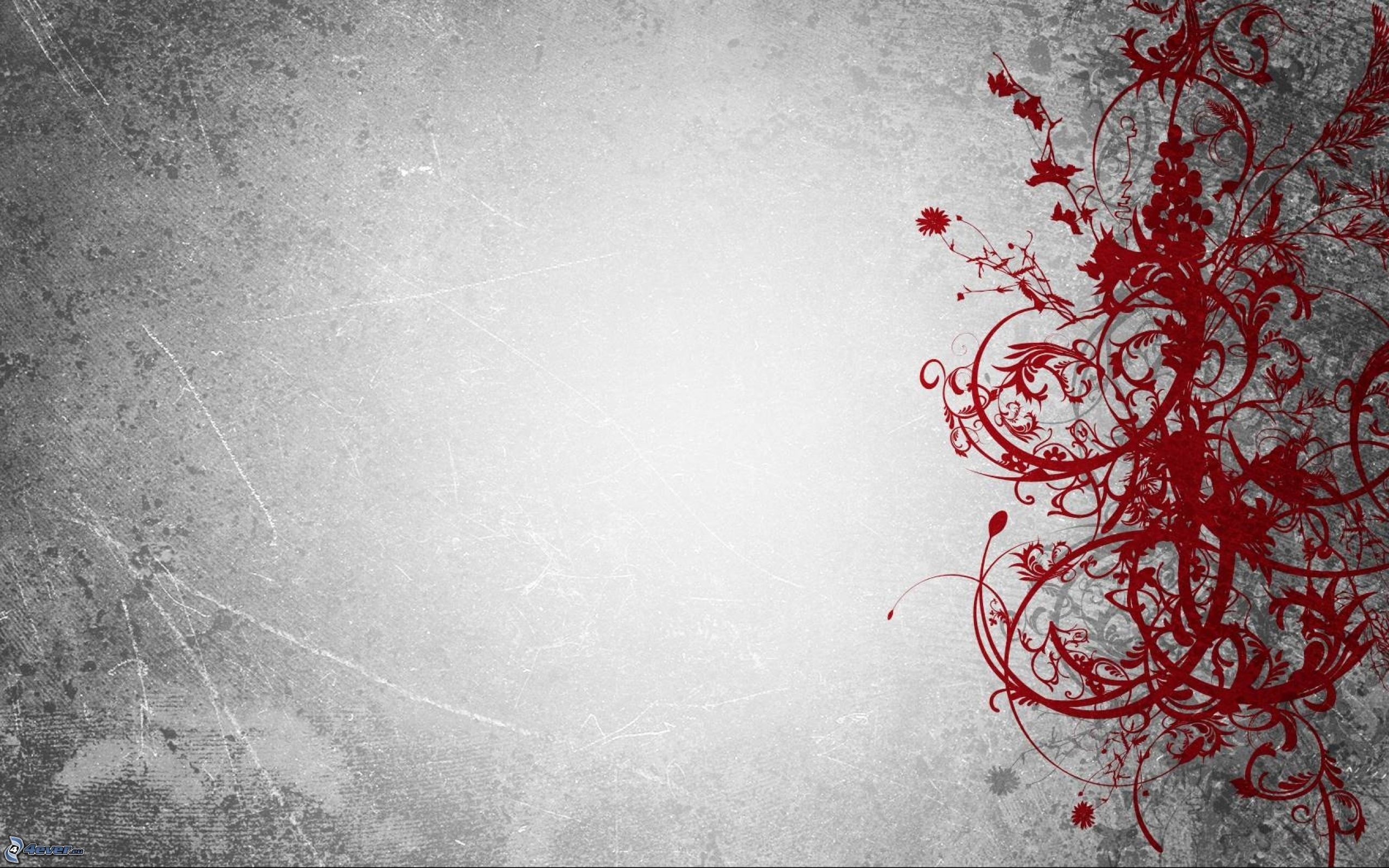 Motivo floreale rosso, Grunge, Sfondo grigio, Ornamento, 2K, wallpaper per PC