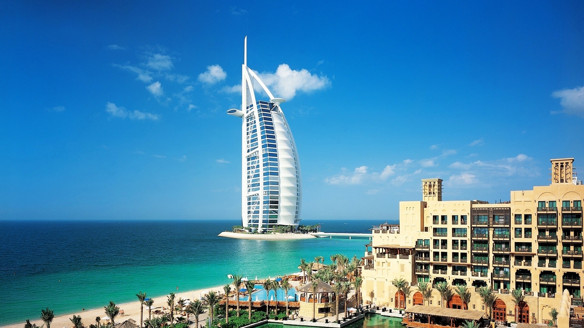 Burj Al Arab, Dubai, Spiaggia, Mare, Resort, Full HD 1080p, sfondo desktop
