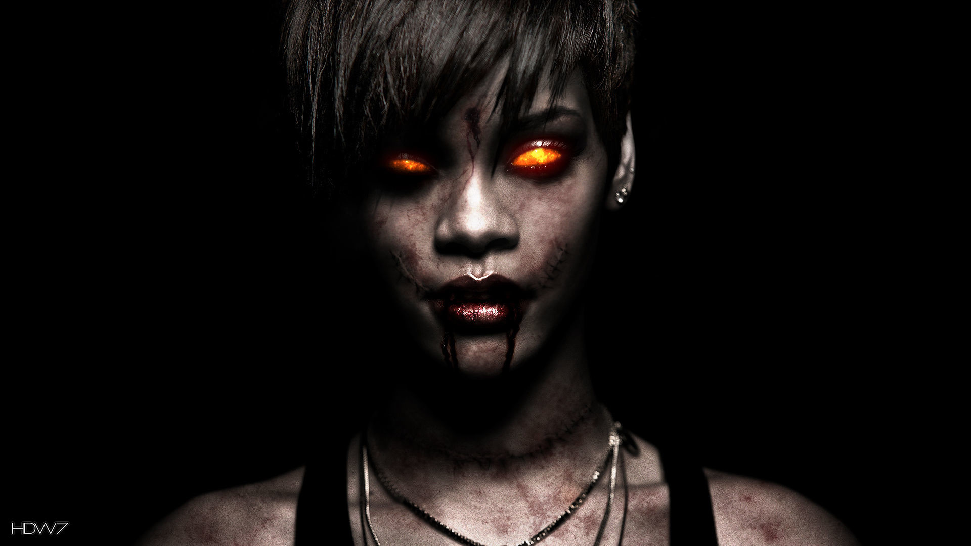 Rihanna, Zombi, Occhi infuocati, Ritratto, Sfondo nero, Full HD, wallpaper per computer