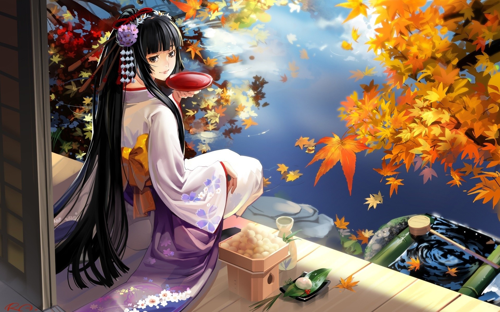 Ragazza anime, Kimono, Foglie d'acero, Autunno, Veranda giapponese, sfondo Full HD per computer