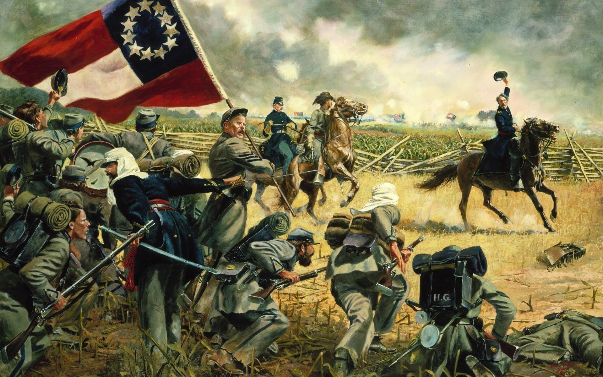 Guerra di secessione americana, Bandiera confederata, Soldati, Pittura, Battaglia, sfondo desktop