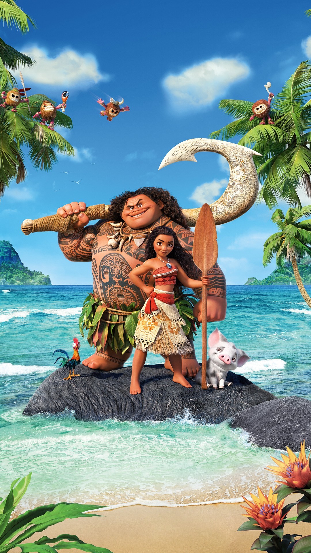 Oceania, Vaiana, Maui, Disney, Spiaggia, Full HD, sfondo iPhone