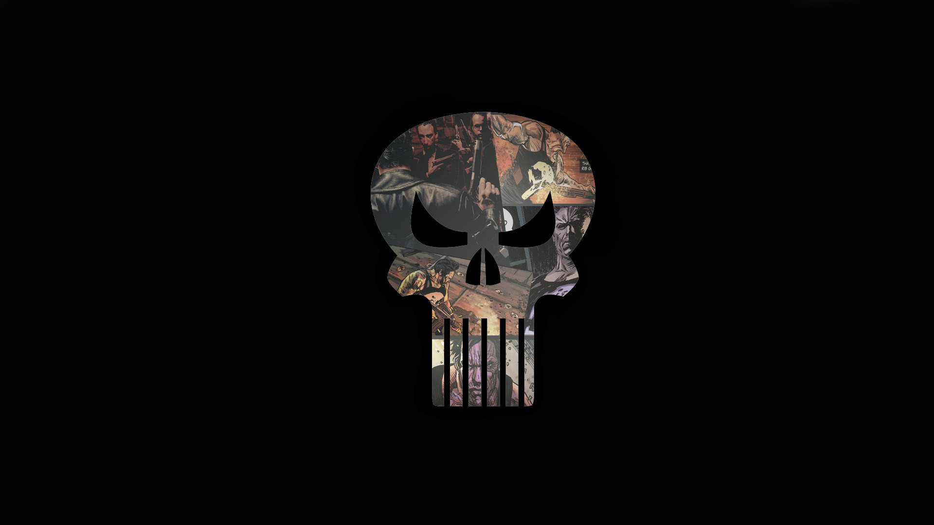 Teschio del Punitore, The Punisher, Collage fumetto, Sfondo nero, wallpaper Windows 11