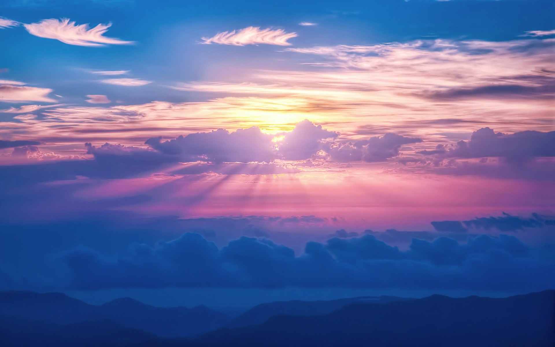 Raggi di sole, Nuvole rosa, Tramonto, 1920x1200, immagine di sfondo