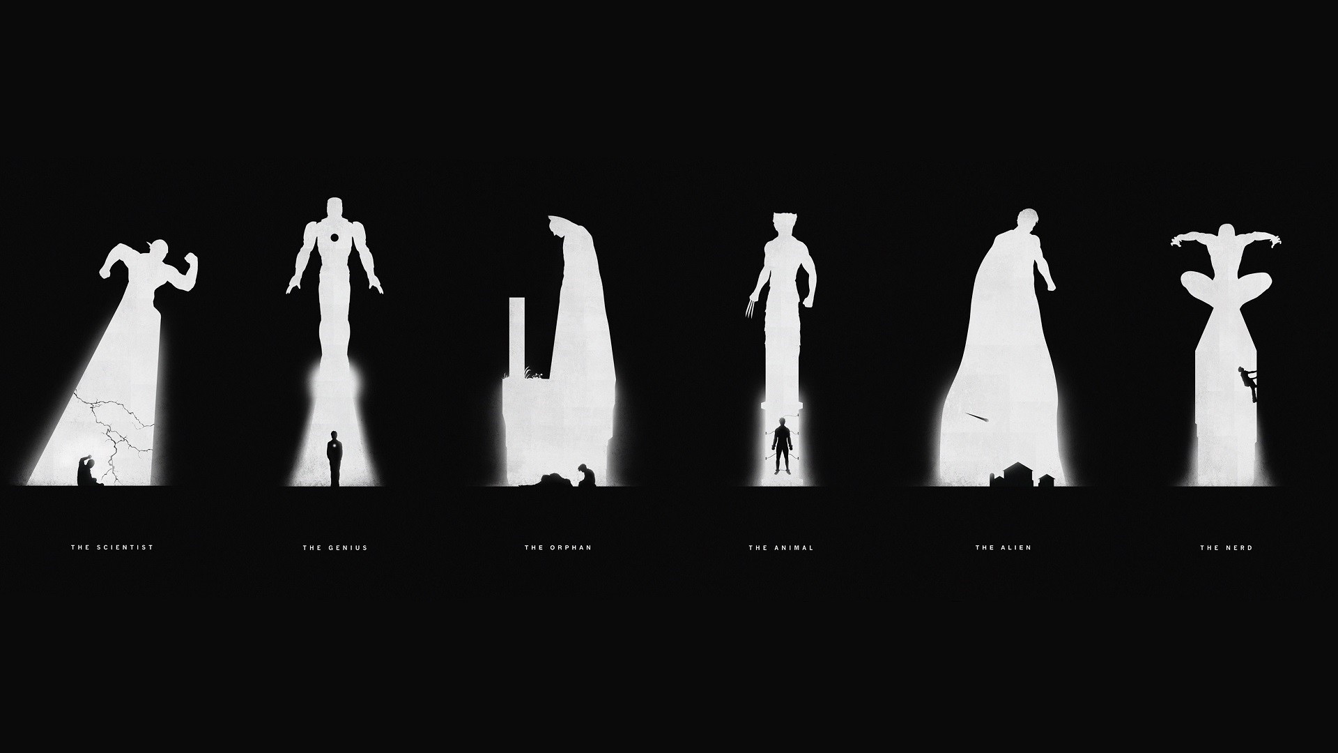 Supereroi, Silhouette, Minimalista, Bianco e nero, 16:9 Full HD, sfondo widescreen