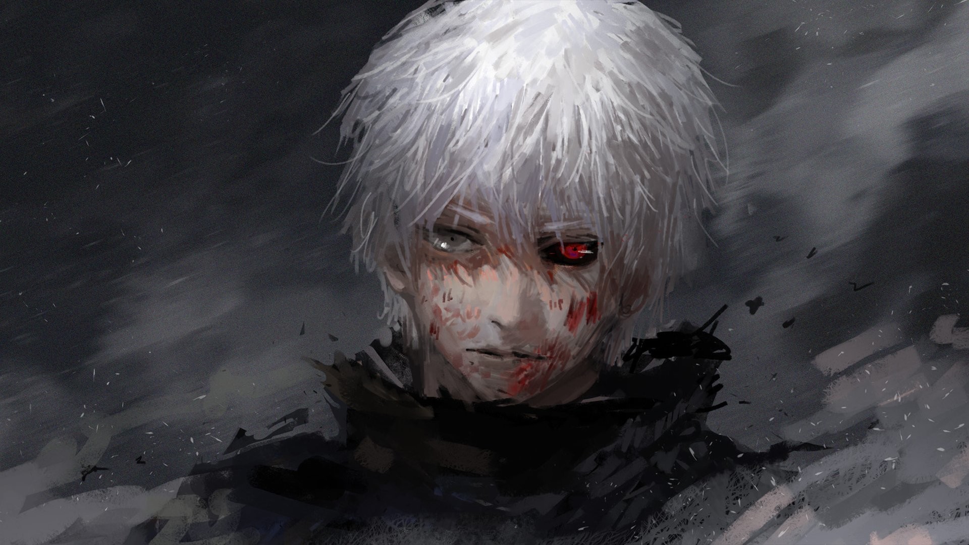 Ken Kaneki, Tokyo Ghoul, Capelli bianchi, Fumo, Grigio, Full HD, sfondo per PC e portatile