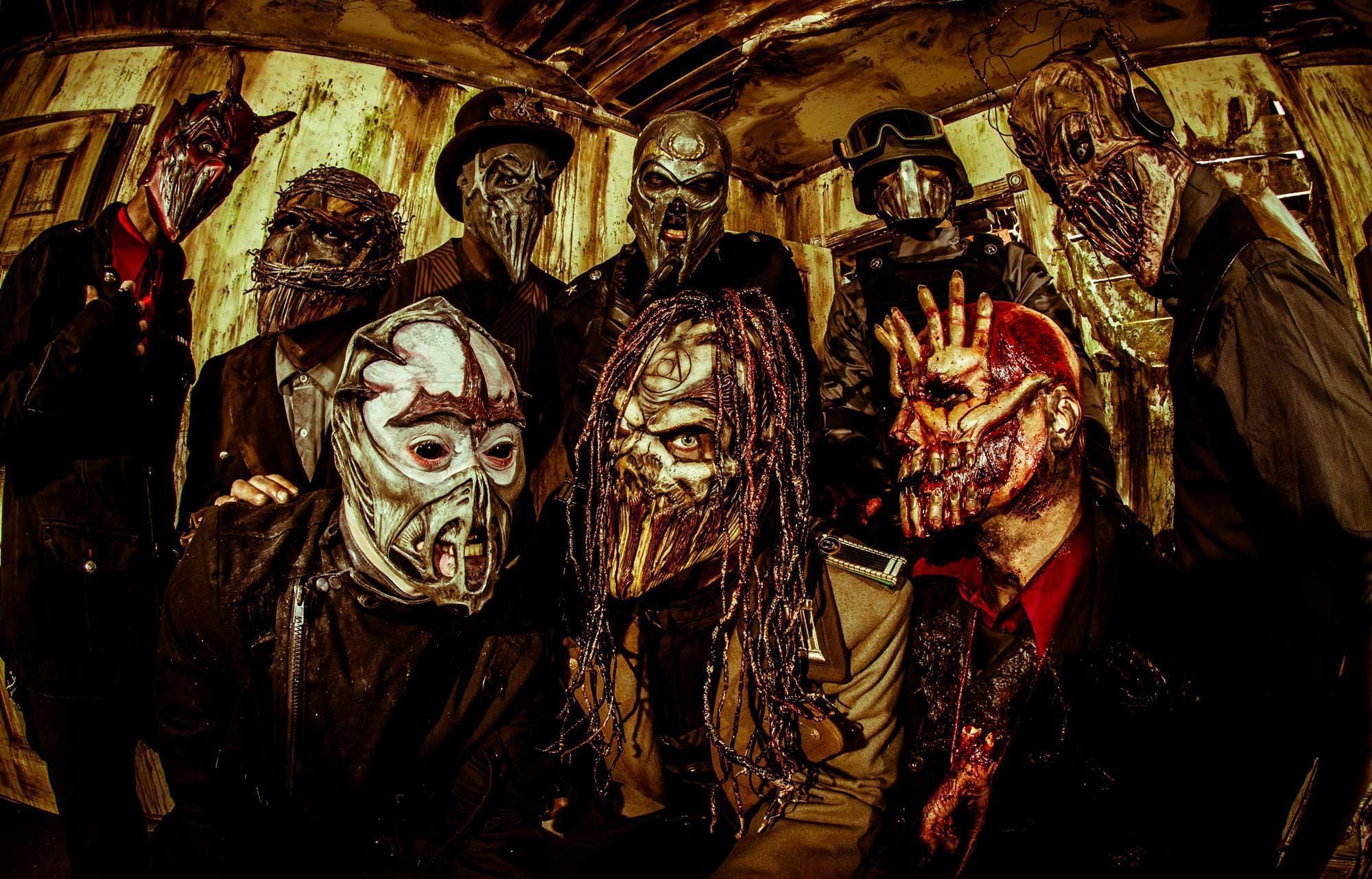 Slipknot, Foto di gruppo, Maschere, Toni seppia, Full HD, sfondo desktop