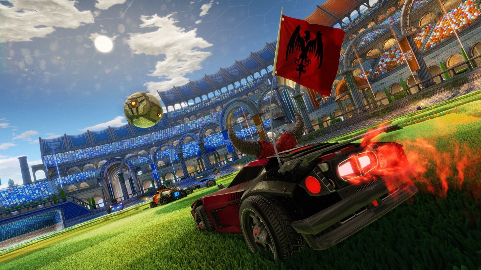 Rocket League, Auto, Bandiera, Stadio, Pallone, 1920x1080, sfondo per PC