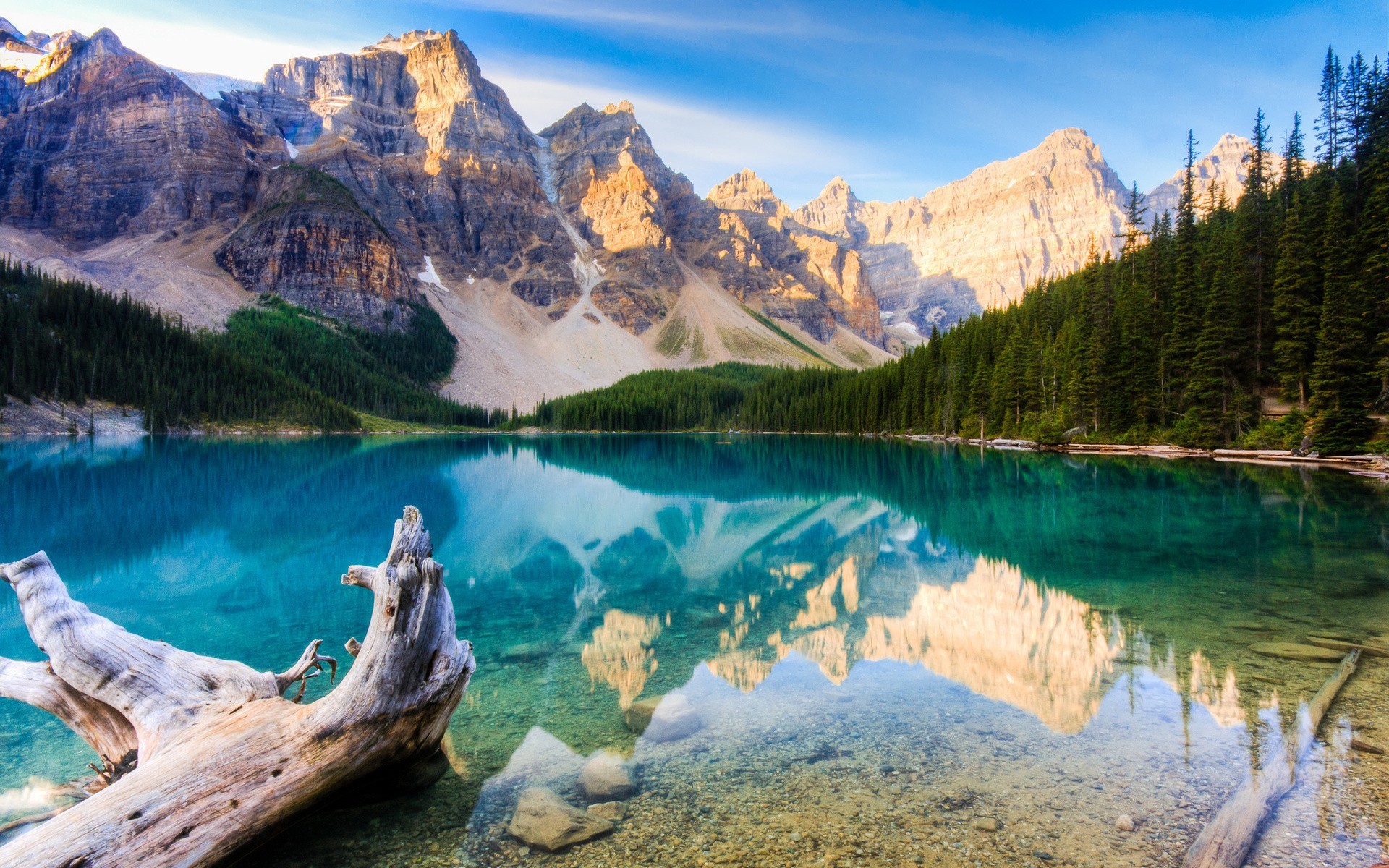 Moraine Lake, Parco nazionale di Banff, Canada, Montagne, Tronco, sfondo 1920x1200 per PC