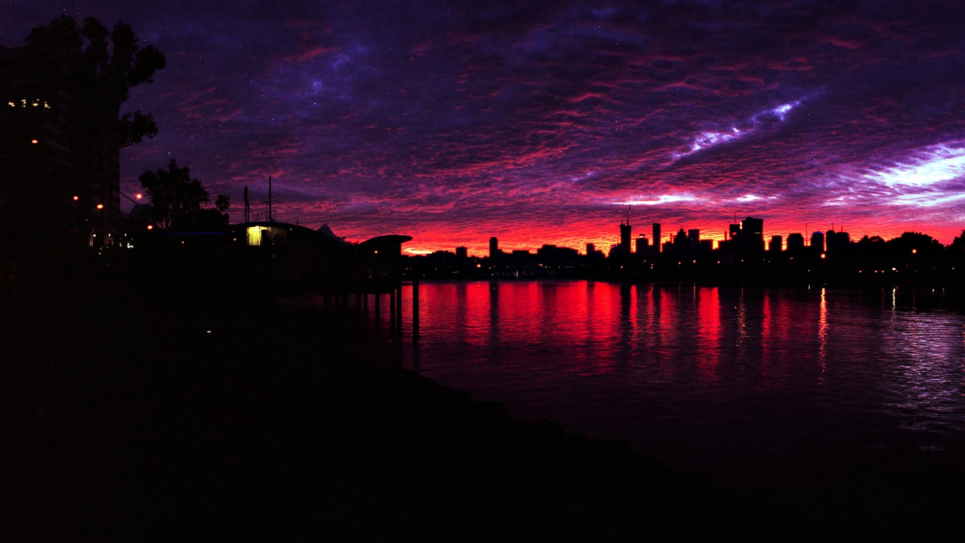 Skyline notturno, Riflesso, Cielo viola, sfondo desktop