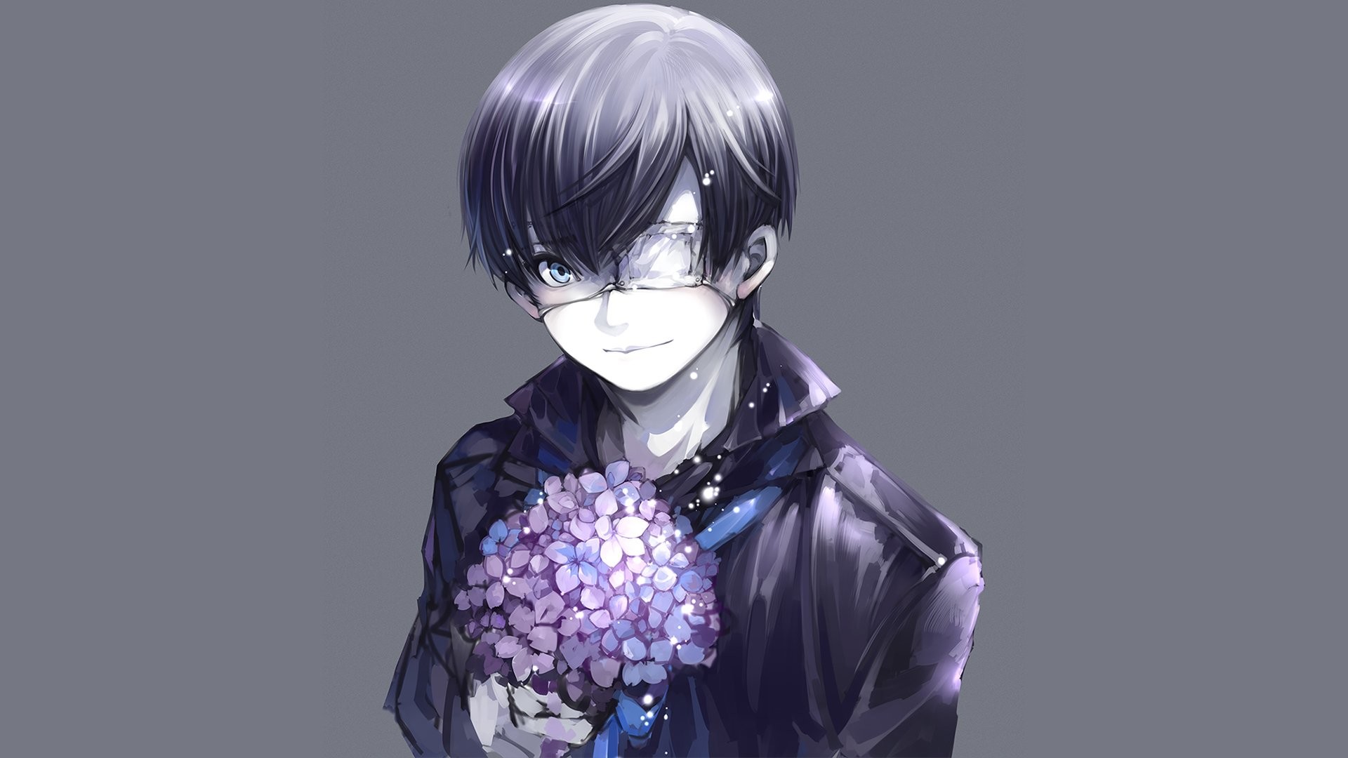 Ken Kaneki, Tokyo Ghoul, Benda sull'occhio, Fiori viola, Ortensie, sfondo Full HD per PC