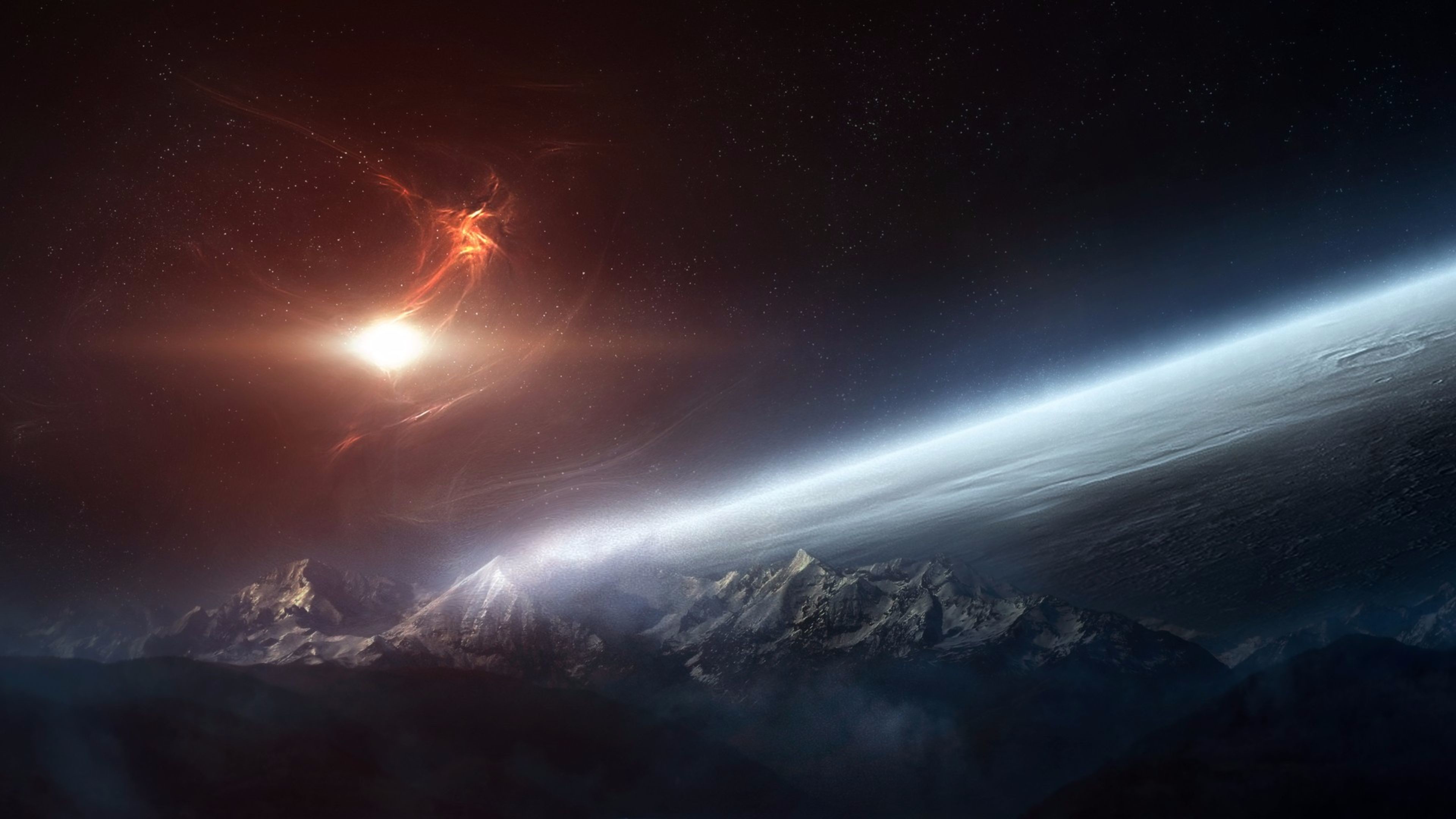 Pianeta, Montagne, Stella, Arte digitale, 3840x2160, immagine di sfondo
