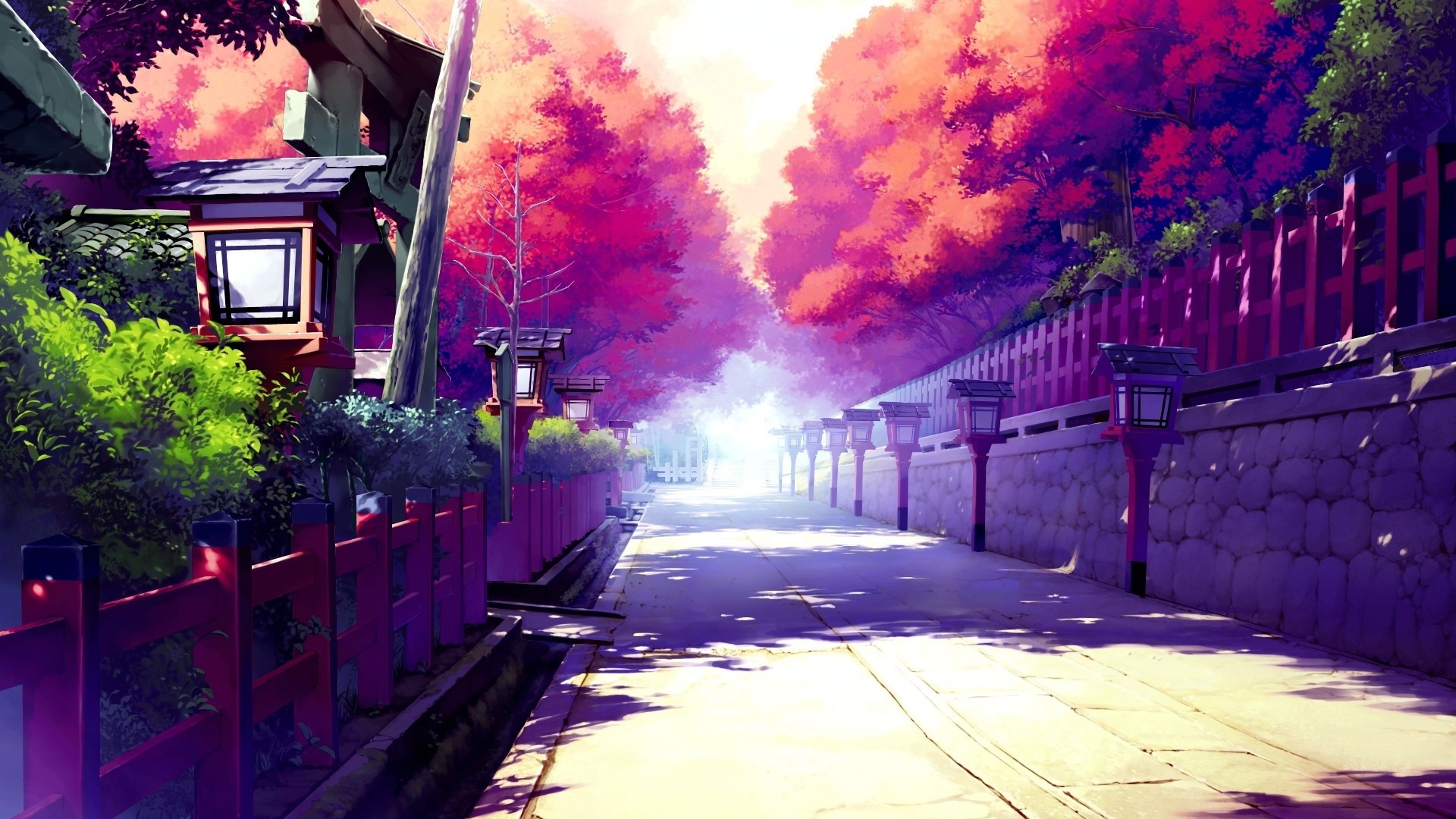 Paesaggio anime, Strada, Lanterne, Alberi rossi, Full HD, sfondo per PC e portatile