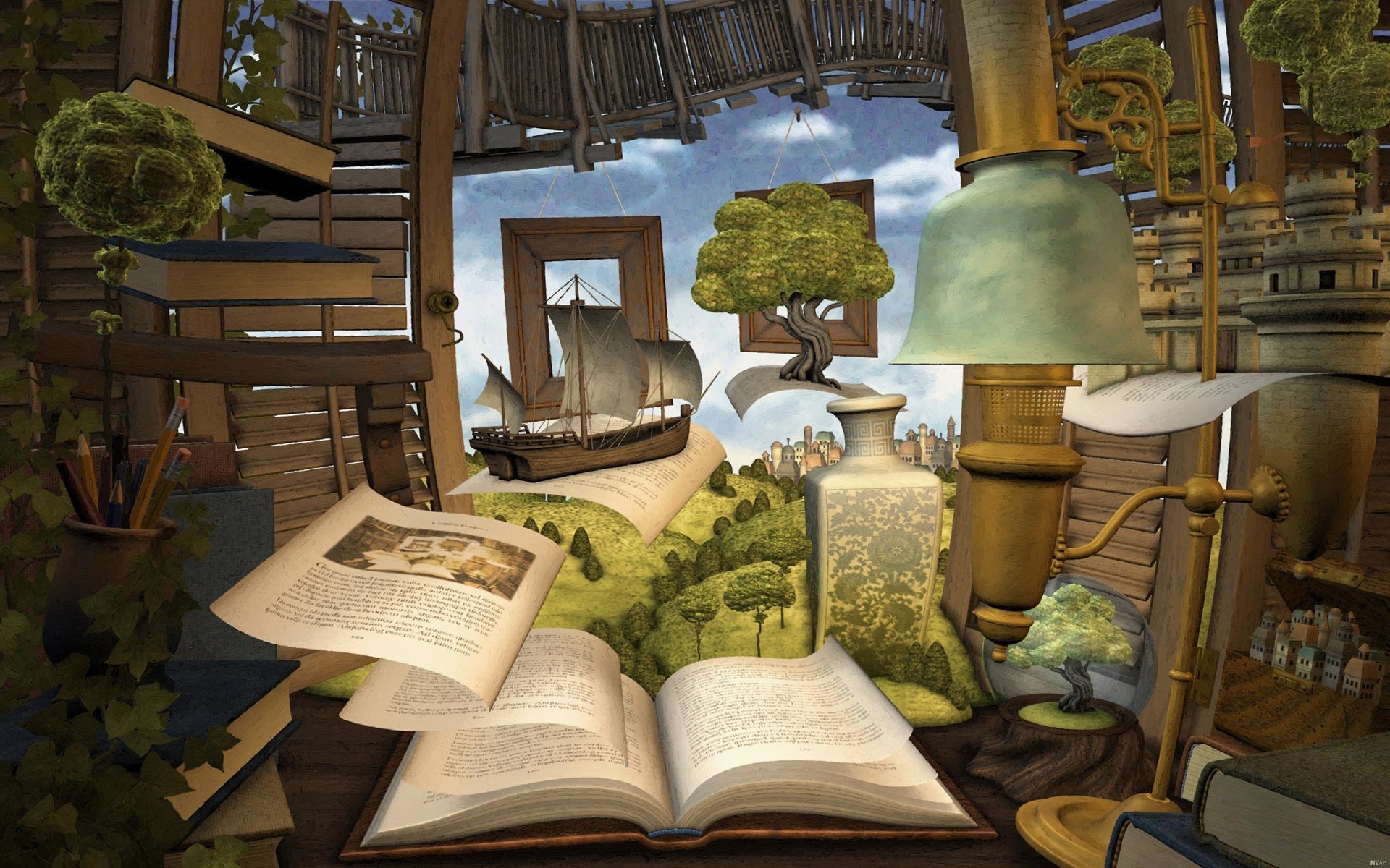 Libro aperto, Surreale, Veliero, Albero, Fantasy, 16:10 Full HD, sfondo widescreen