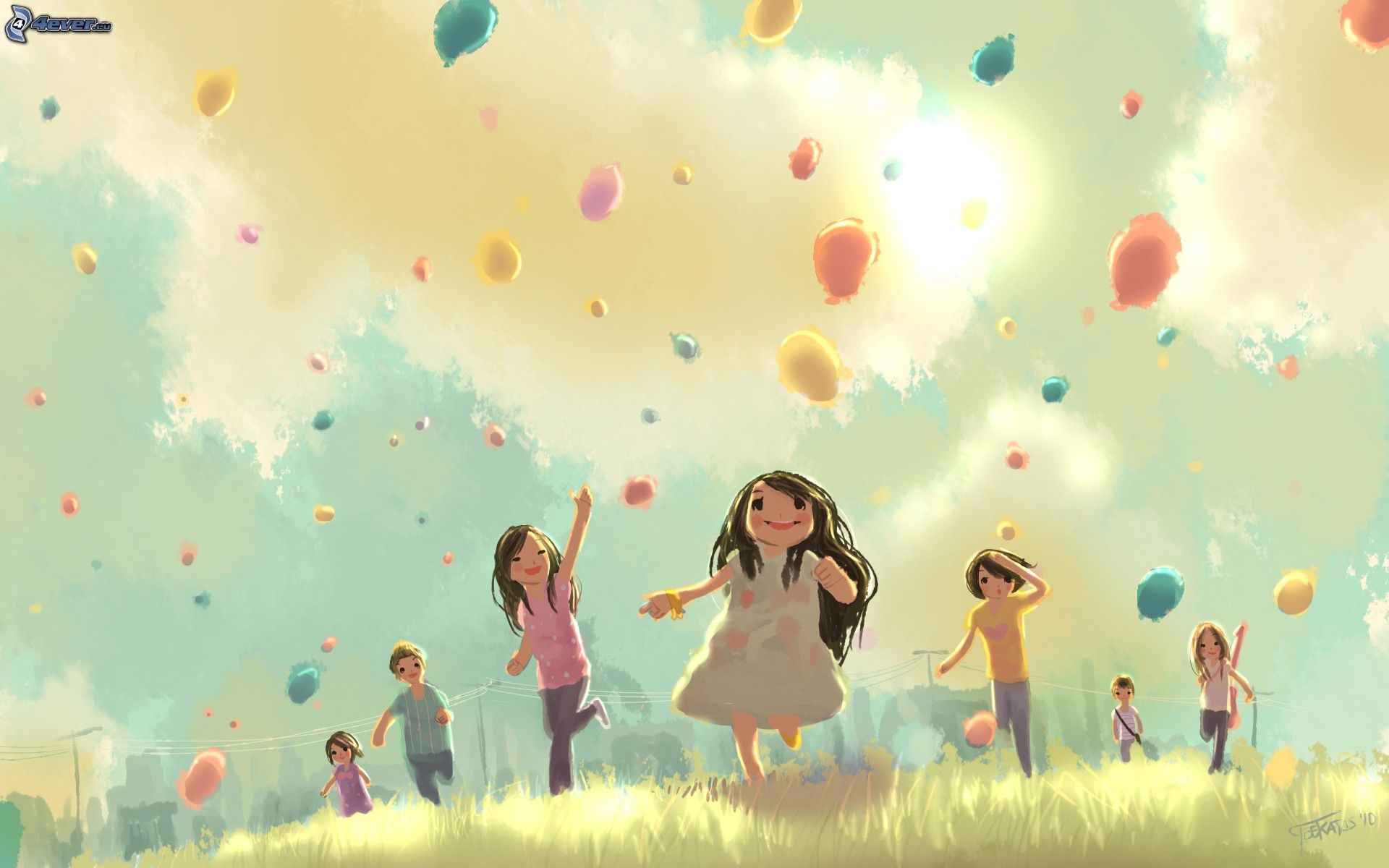 Bambini, Palloncini, Prato, Illustrazione, 16:10 Full HD, sfondo widescreen