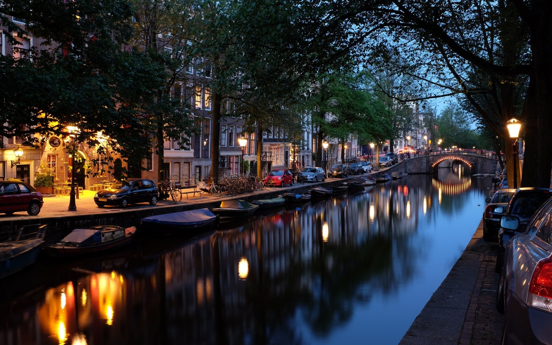 Amsterdam, Canale, Lampioni, Sera, Alberi, Full HD, wallpaper per PC