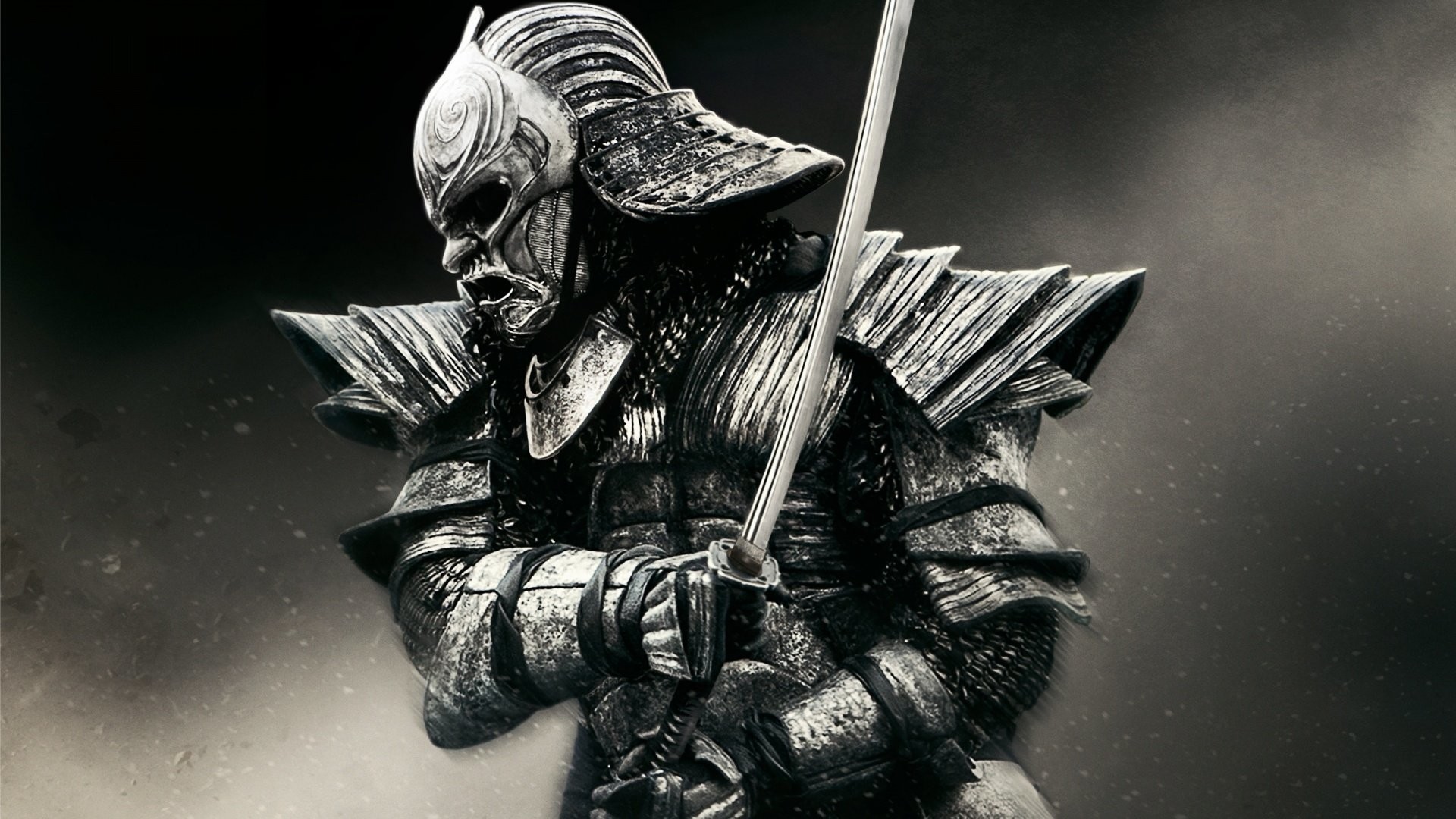Samurai, Maschera mempō, Armatura, Katana, Bianco e nero, Full HD, sfondo per PC e portatile