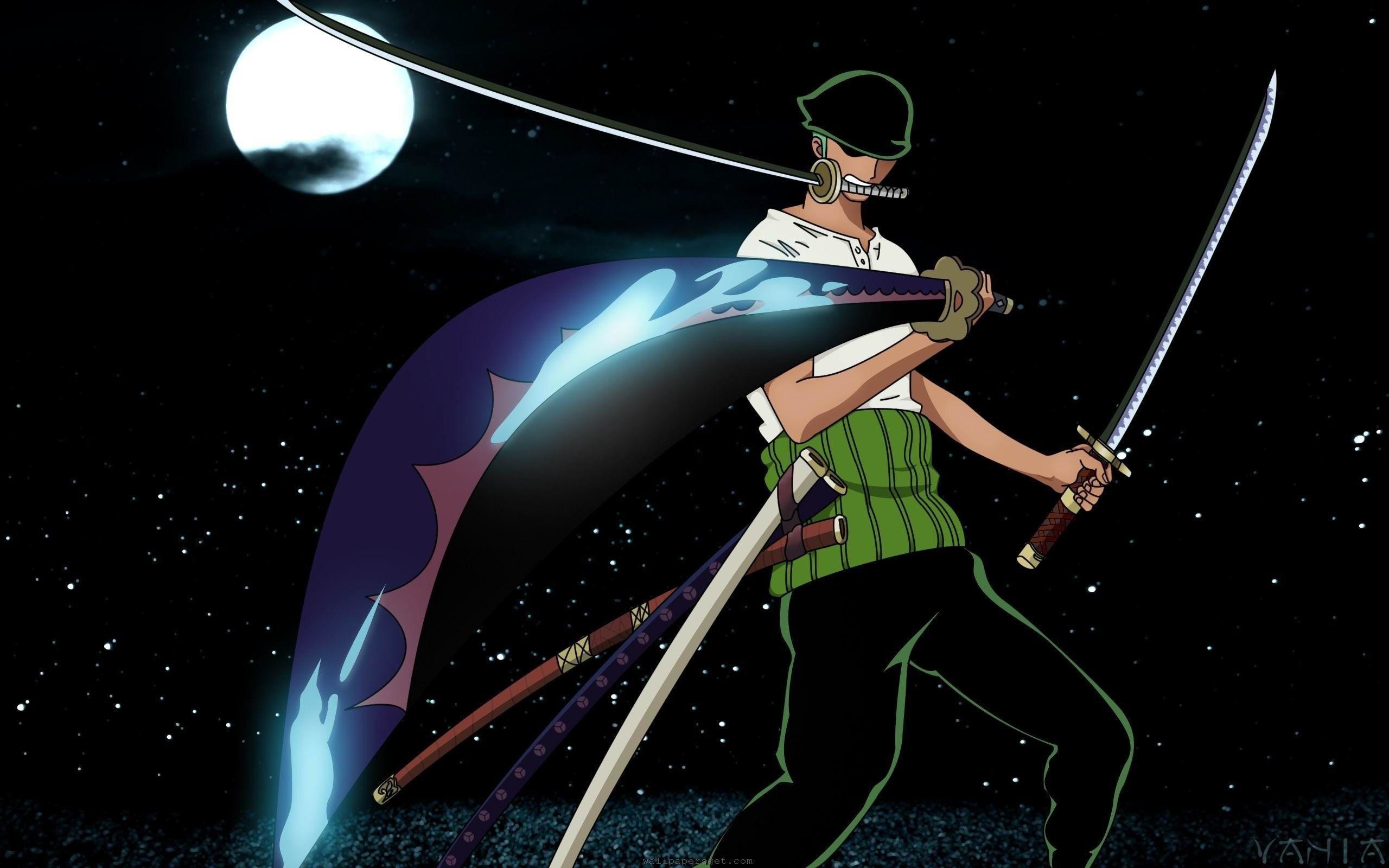 Roronoa Zoro, One Piece, Katane, Luna piena, Notte, 2K, sfondo Windows 11