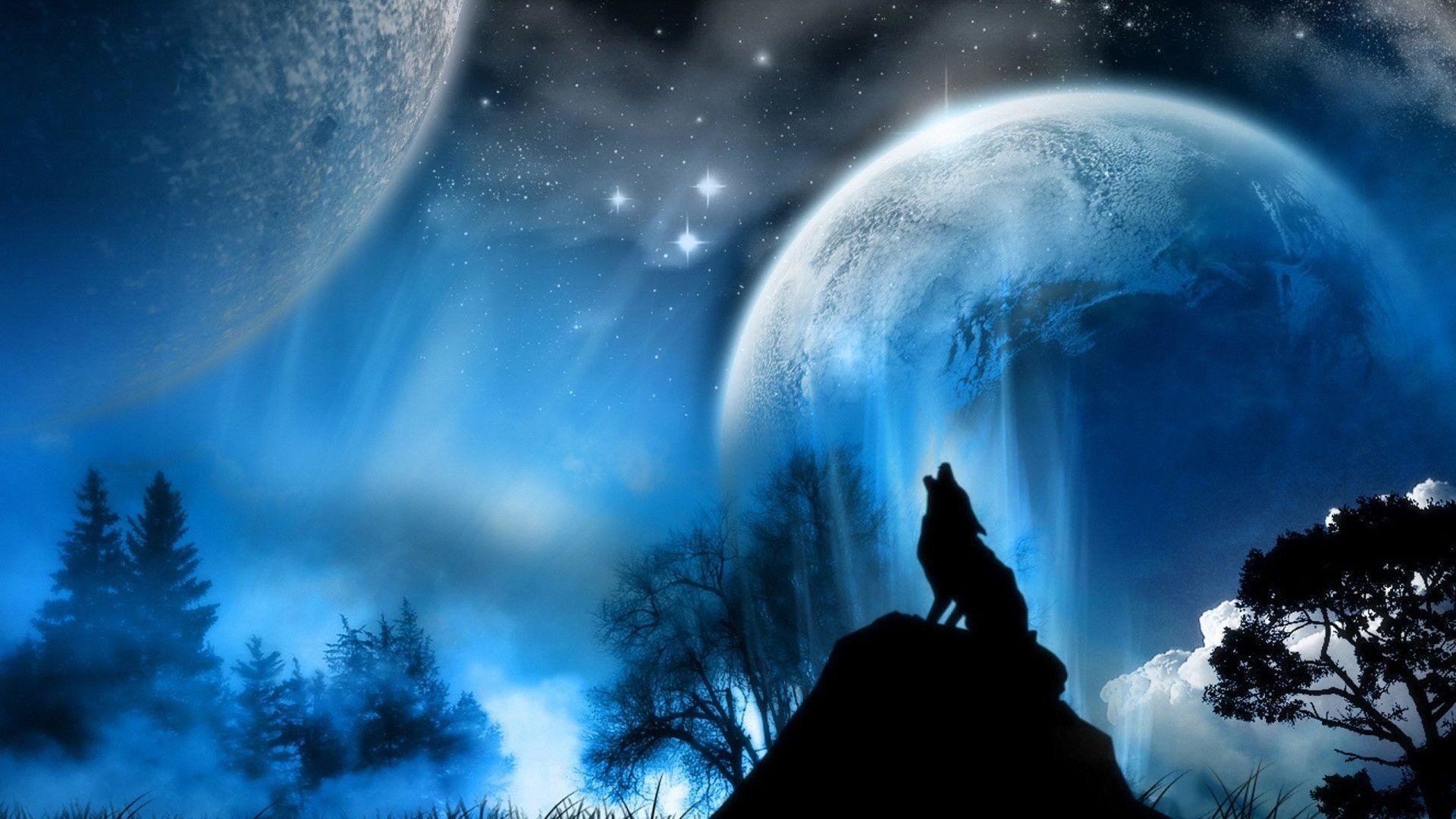 Lupo che ulula, Silhouette, Pianeti, Fantasy, Full HD, sfondo per PC e portatile