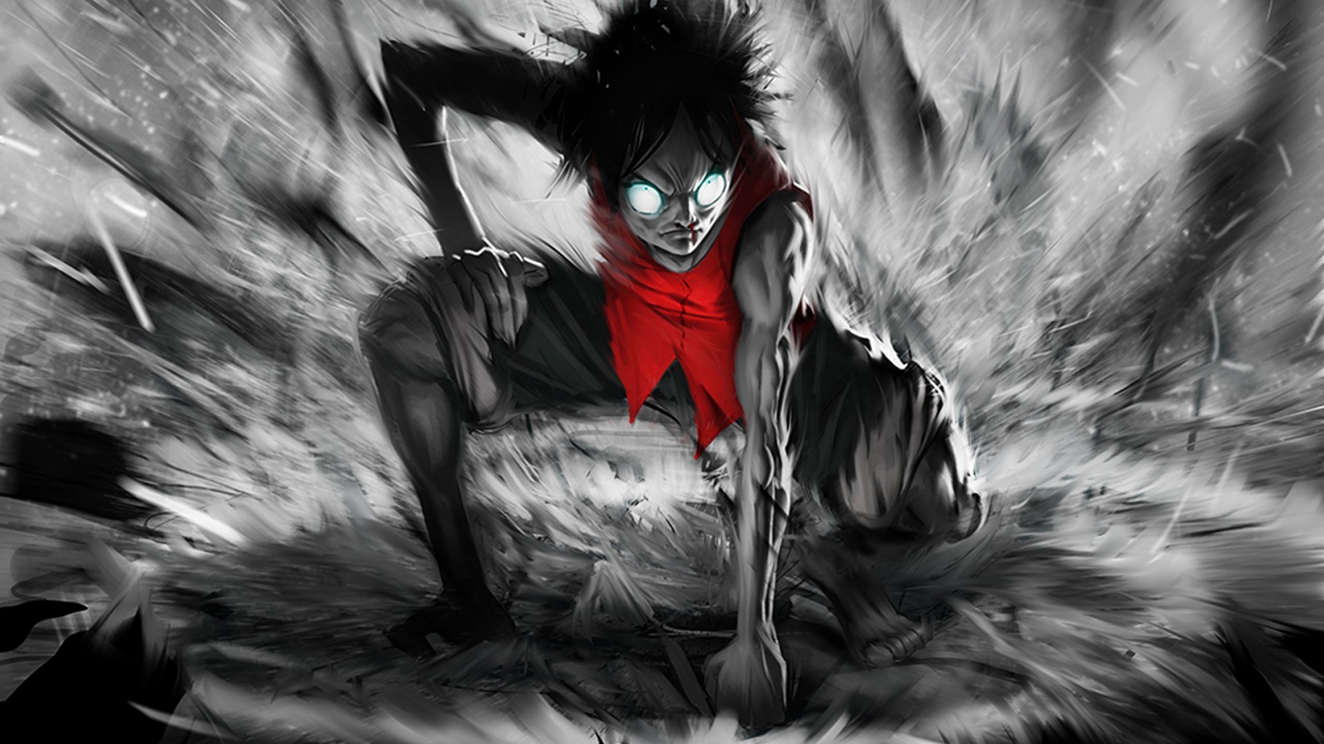 Monkey D. Luffy, One Piece, Bianco e nero, Sciarpa rossa, 1920x1080, immagine di sfondo