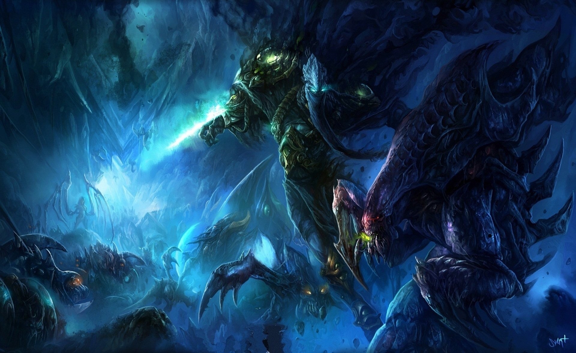 StarCraft II, Protoss, Zerg, Battaglia, Blu, Full HD, sfondo desktop