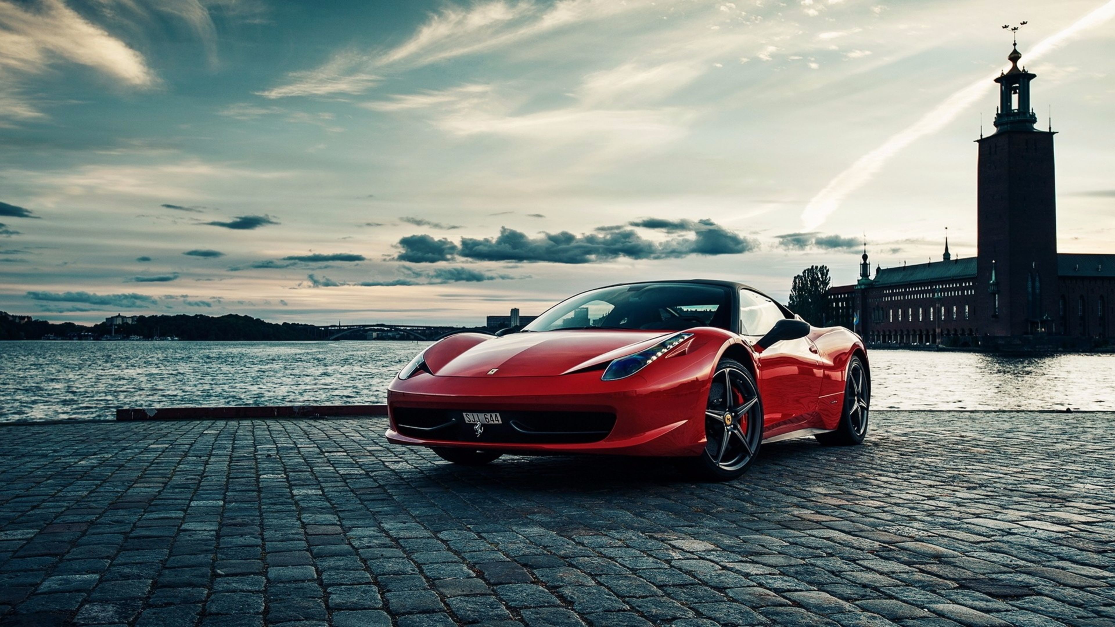 Ferrari 458 Italia, Stoccolma, Municipio di Stoccolma, Rosso, 4K, sfondo per PC