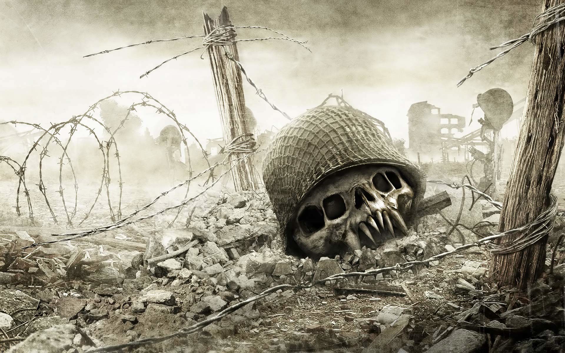 Elmetto, Teschio, Filo spinato, Guerra, 1920x1200, sfondo per PC
