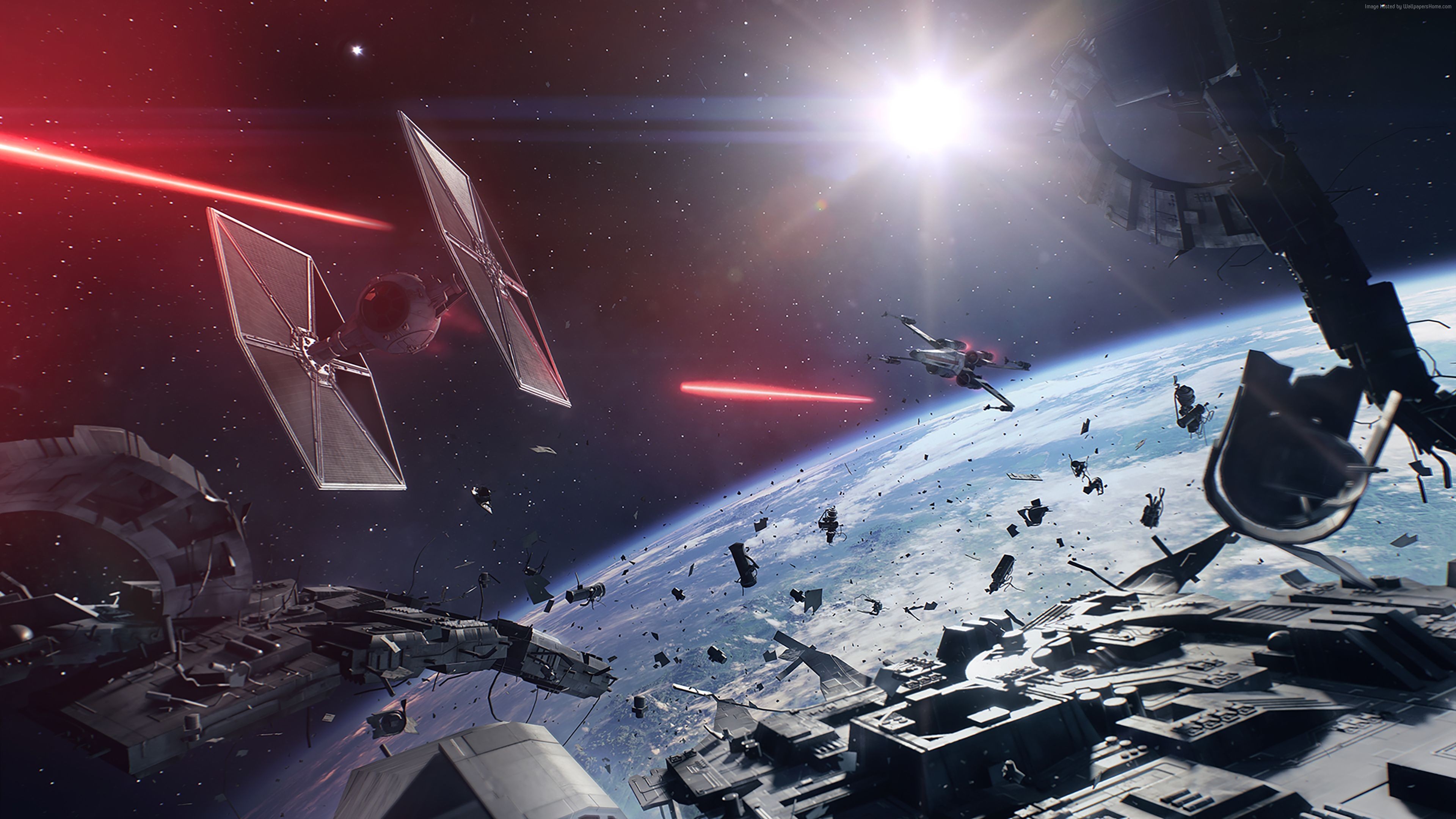 TIE Fighter, Star Wars, Battaglia spaziale, Laser, Pianeta, 4K, sfondo per PC