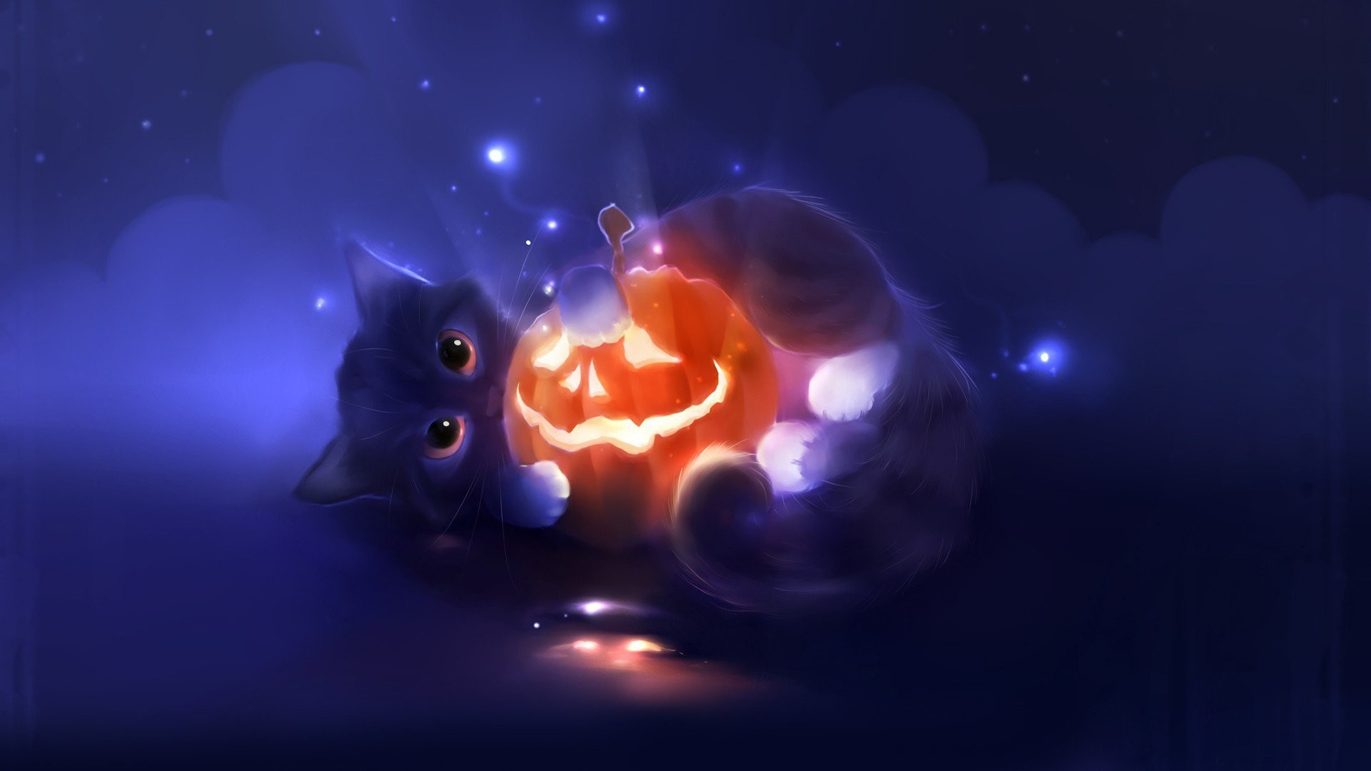 Gatto nero, Zucca di Halloween, Illustrazione, Halloween, Blu, 1920x1080, immagine di sfondo