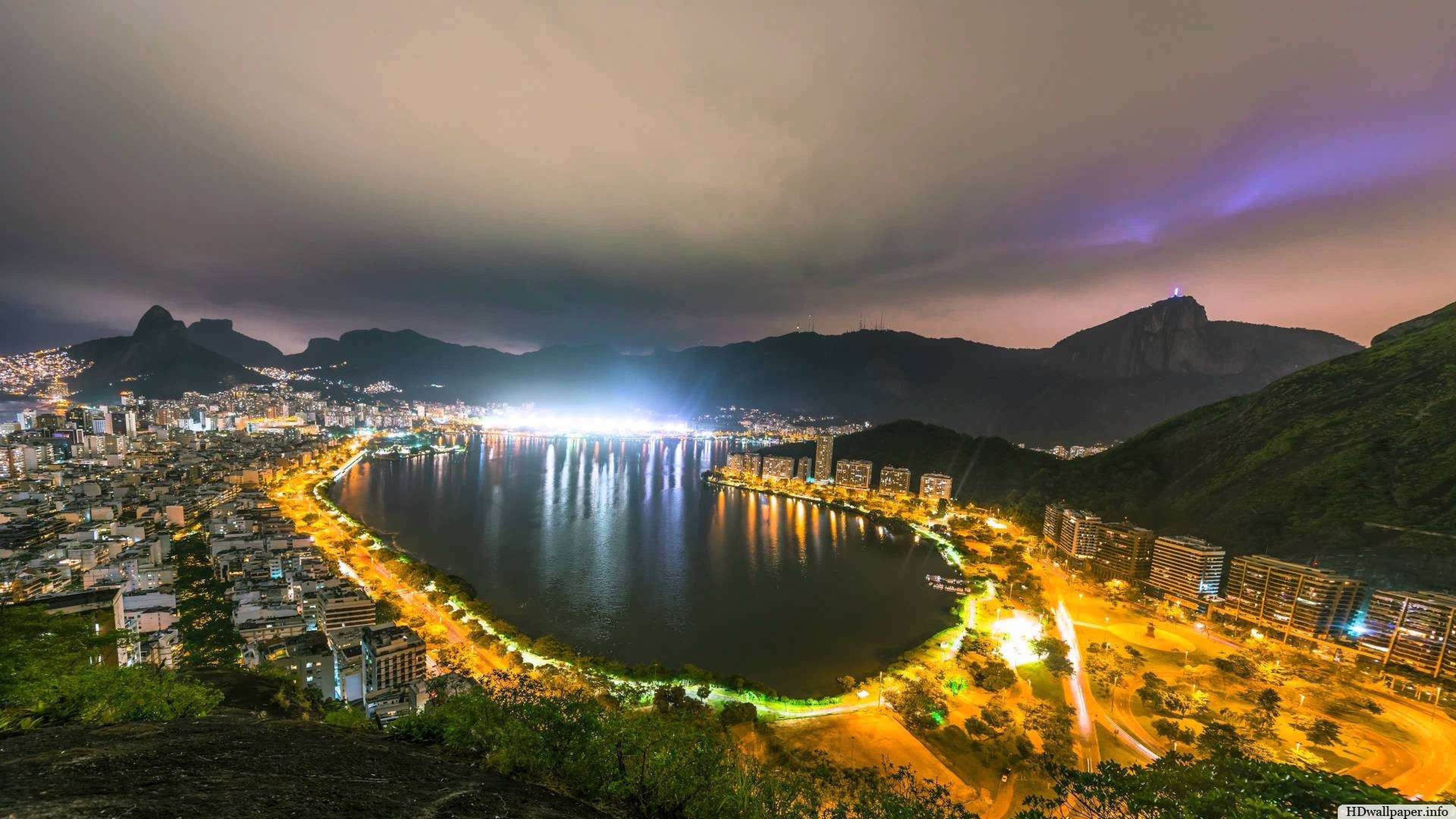 Rio de Janeiro, Lagoa Rodrigo de Freitas, Brasile, Notte, Vista aerea, sfondo widescreen 4K