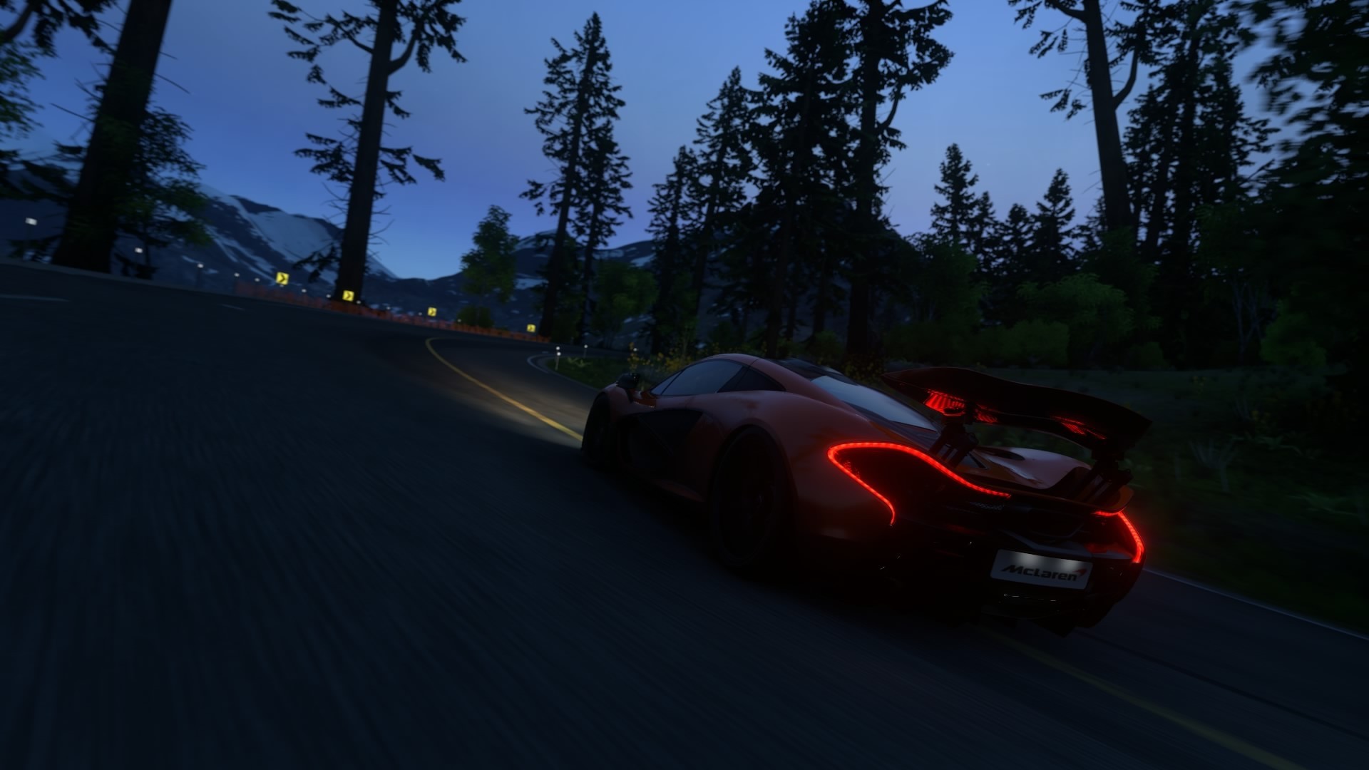 McLaren P1, Notte, Strada di montagna, Luci posteriori, Full HD, sfondo desktop