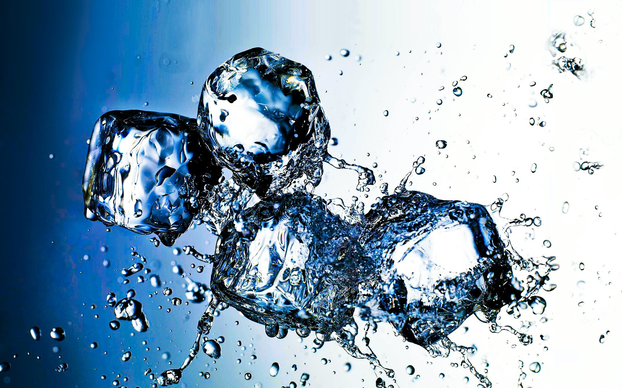 Cubetti di ghiaccio, Schizzi d'acqua, Blu, Macro, 16:10 Full HD, sfondo widescreen