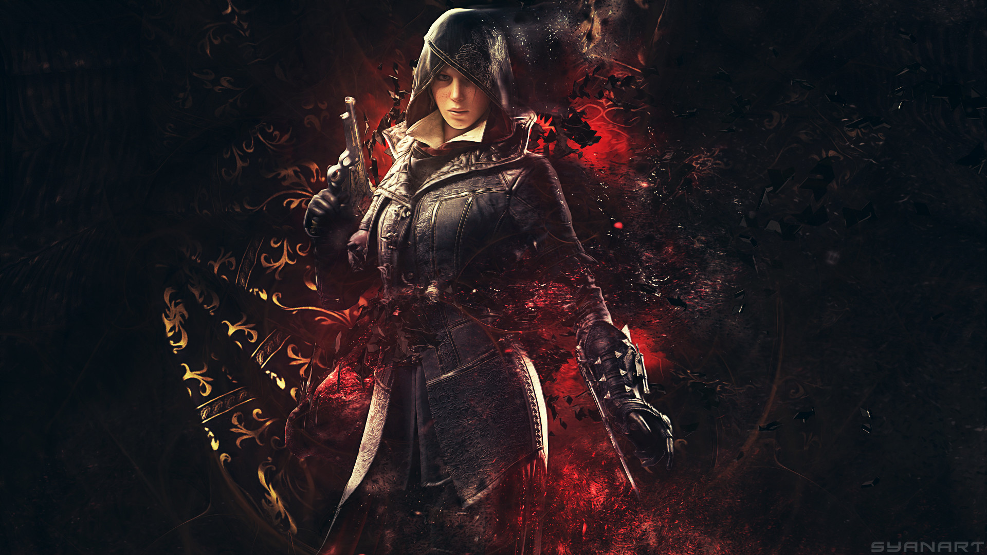 Evie Frye, Assassin's Creed Syndicate, Rosso e nero, Arte digitale, sfondo widescreen Full HD
